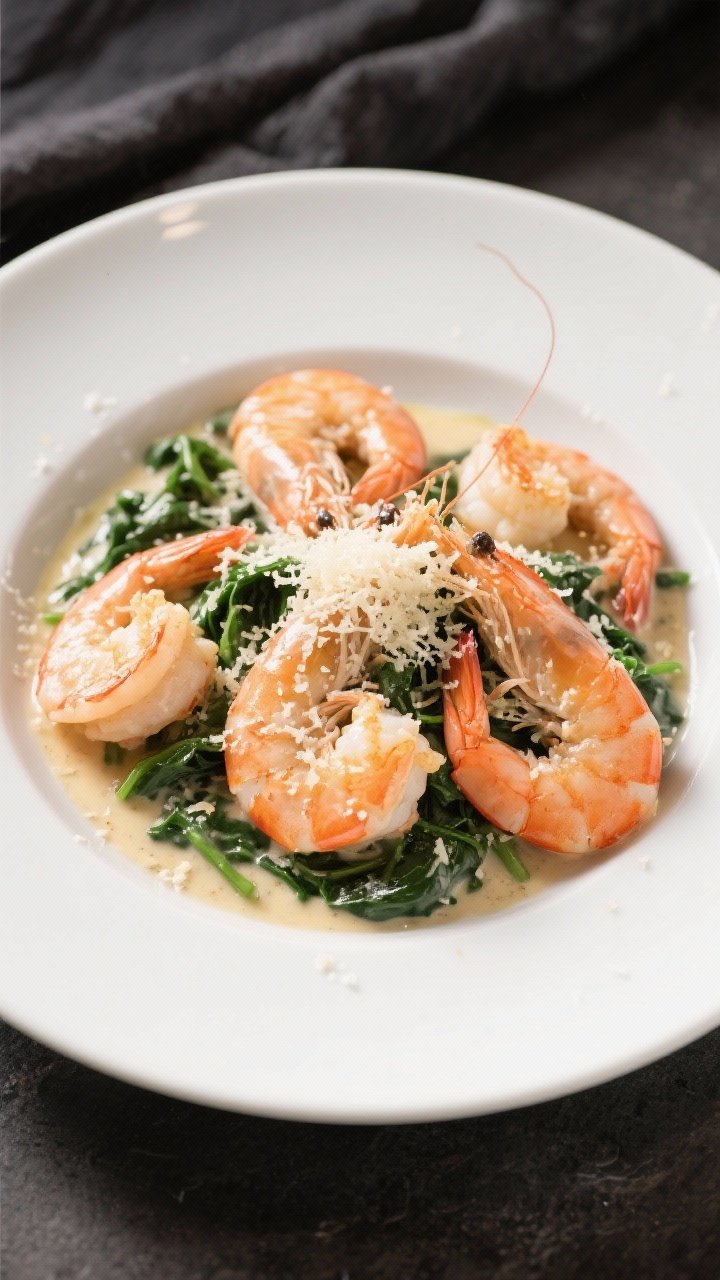 An overhead plated shot of Parmesan-spinach creamy shrimp: large shrimp (