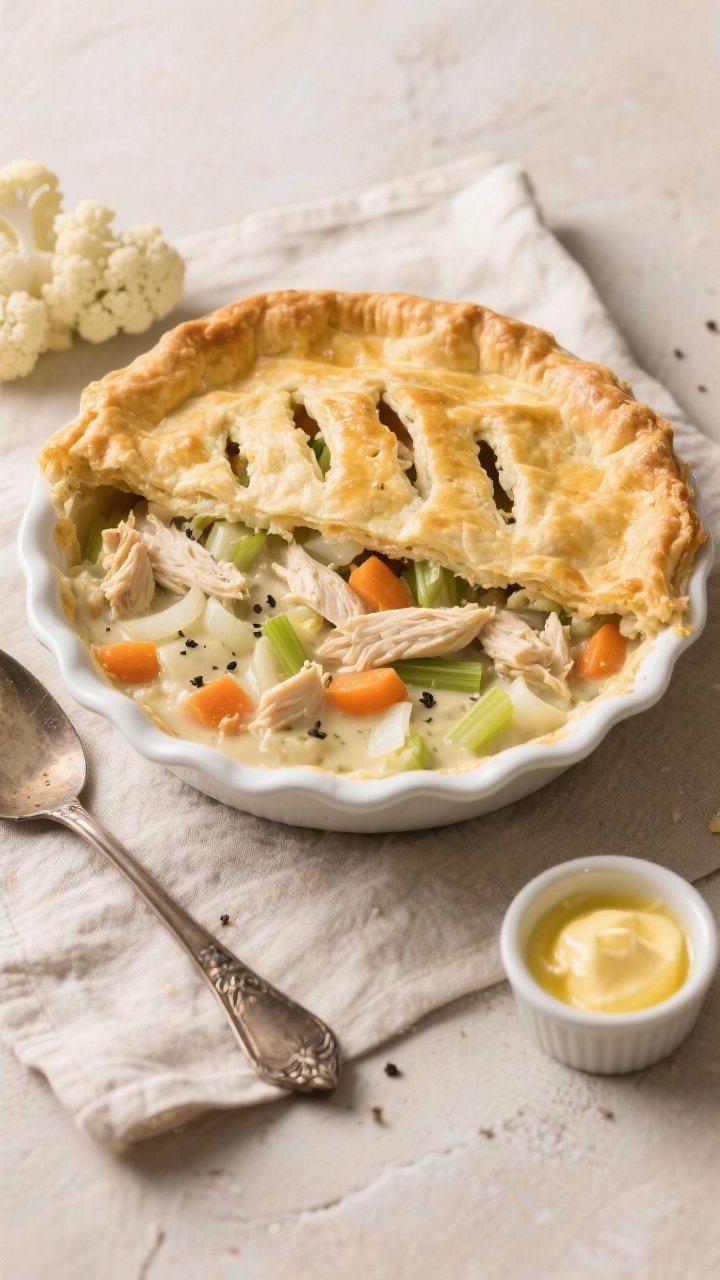 An overhead shot of a cozy classic keto chicken pot pie with a golden, buttery cauliflower crust in a white enamel pie dish; creamy filling peeking through a vented top with visible shredded chicken, diced onion, celery, and optional carrots for warm pops of orange; garnished with a light sprinkle of cracked black pepper; styled on a neutral linen with a vintage pie server and a small ramekin of melted butter nearby to hint at the rich base; soft, warm lighting for comfort-food vibes, shallow depth of field to emphasize flaky crust texture.