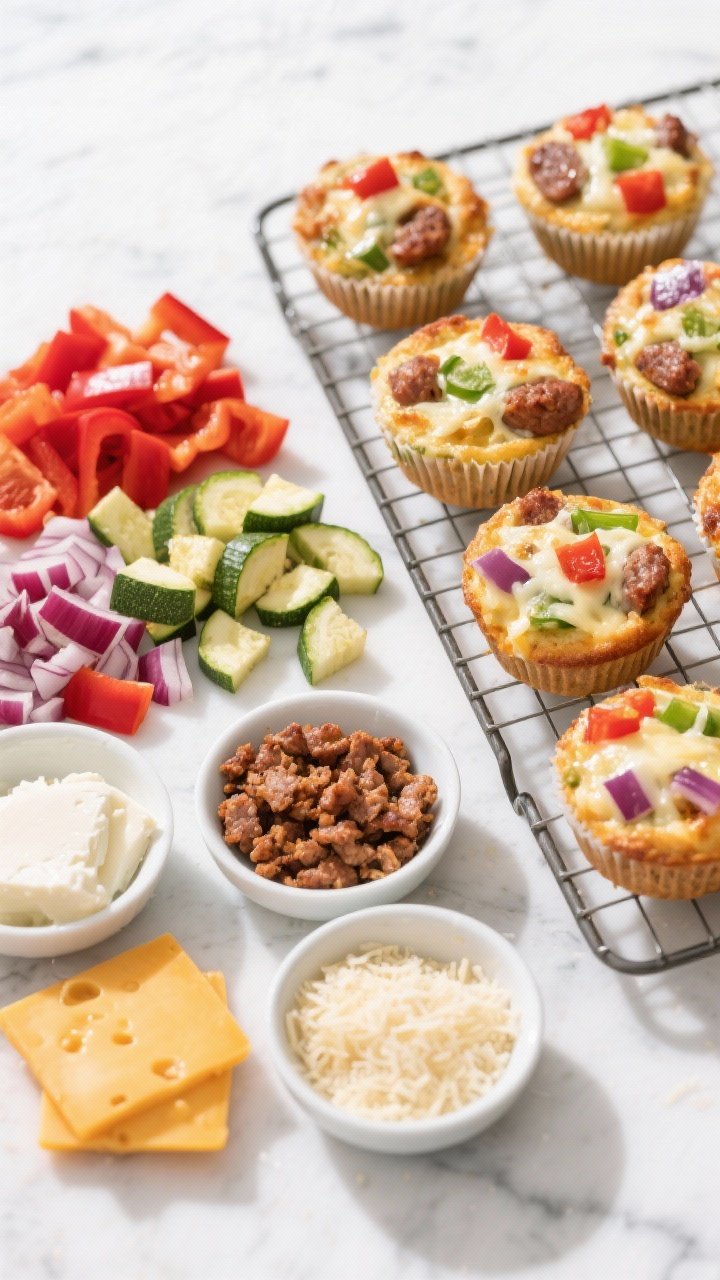 Bright, colorful 45-degree angle ingredient-to-final transition scene for Garden Veggie Sausage & Three-Cheese muffins. Left side shows neatly arranged diced red bell pepper, pat-dried zucchini cubes, finely diced red onion, browned breakfast sausage crumbles, and a trio of cheeses (mozzarella, cheddar, and Parmesan) in small bowls. Right side features a cooling rack with the baked muffins, tops speckled with the red, green, and purple veggies and melted cheese blend. Clean, airy daylight on a white marble surface for a fresh, “not-too-healthy-looking” yet vibrant appeal.