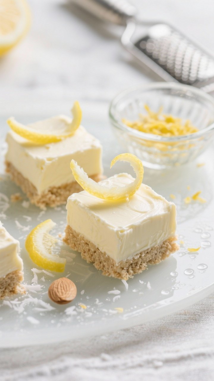 Bright, no-bake lemon velvet bites in a chilled presentation: close-up at a 45-degree angle of pale lemon cream cheese squares (8 oz cream cheese, powdered sweetener) atop a textured almond flour base (1 1/4 cups almond flour, optional 1/3 cup shredded unsweetened coconut, 4 tbsp melted butter). Garnish with ultra-thin lemon zest ribbons and tiny lemon wedges; show a glass bowl with zest and a microplane in the background. Cool, summery mood, crisp highlights to convey silky, velvety filling; fresh, airy styling on a light linen with faint condensation on the plate.