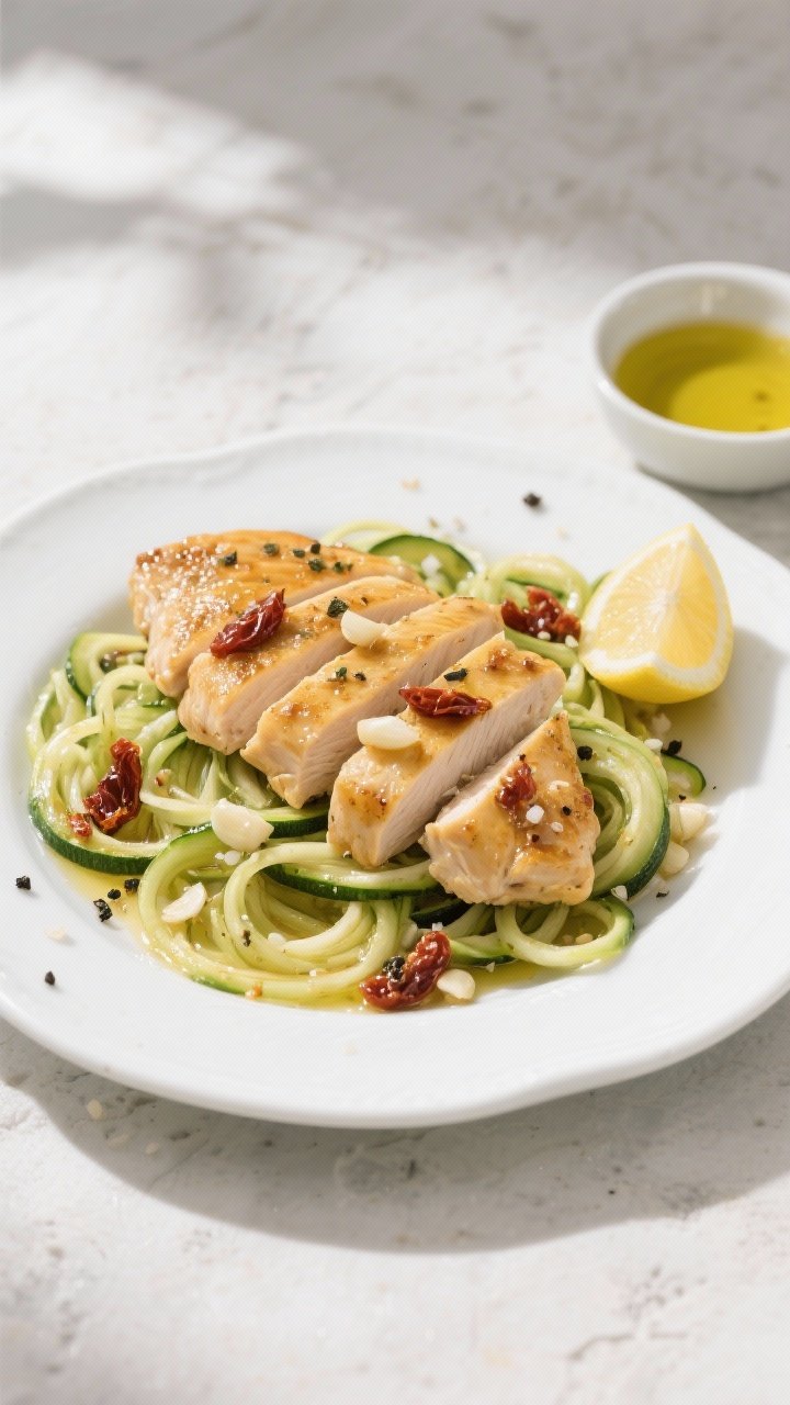 Bright overhead flat lay of a light, weeknight plate: Tuscan Garlic Chicken Cutlets with zoodle toss. Thin, golden chicken cutlets sliced and fanned over a bed of glossy zucchini noodles lightly coated in olive oil and studded with minced garlic and chopped sun-dried tomatoes; specks of Italian seasoning, kosher salt, and black pepper visible; lemon wedge and a small bowl of extra-virgin olive oil on the side; airy natural daylight, clean white plate on pale stone, emphasizing freshness and speed.