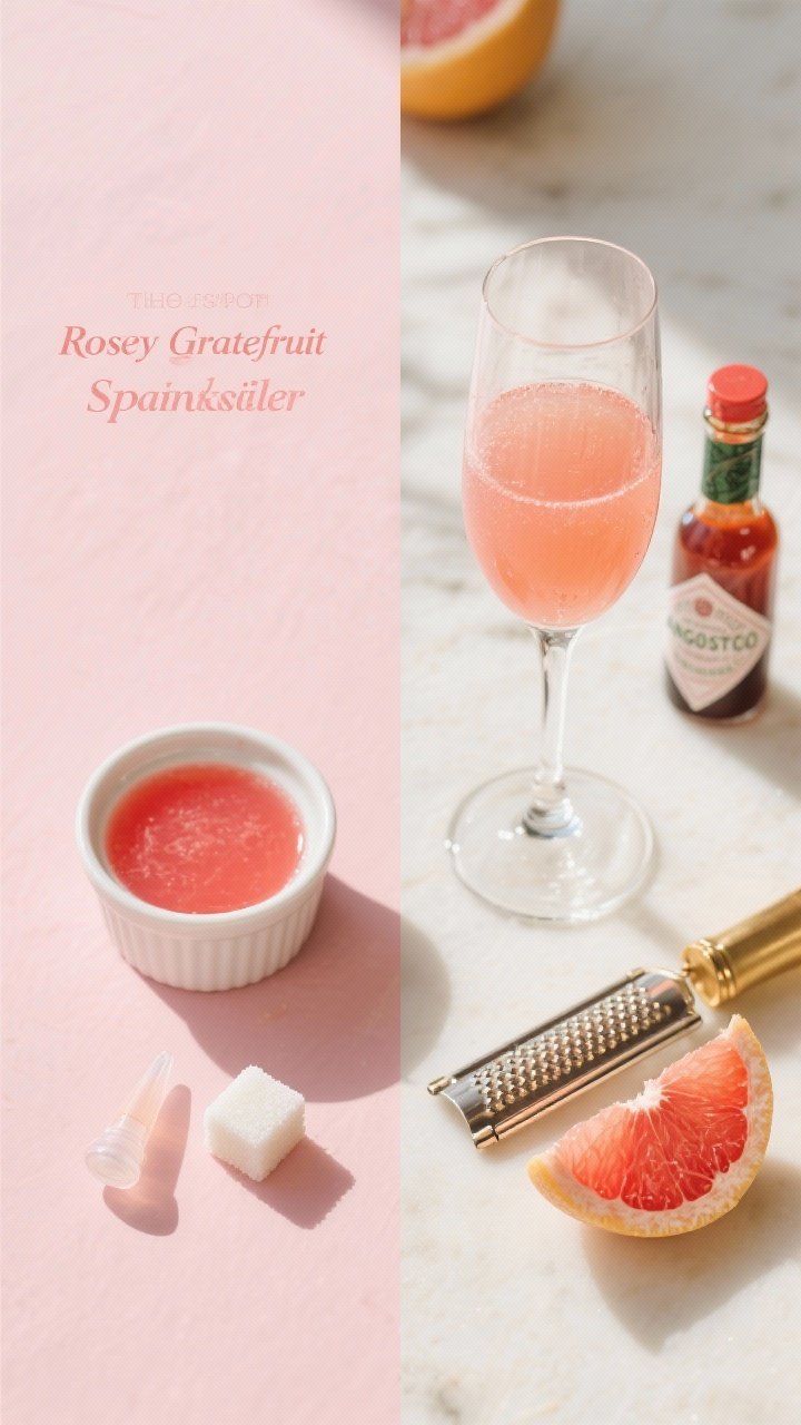 Bright overhead ingredient-to-finish storyboard for The Rosy Grapefruit Sparkle: left side shows neat arrangement of 1 sugar cube, a dropper of grapefruit bitters (or Angostura + orange), and a tiny ramekin of freshly strained ruby grapefruit juice; right side shows the finished drink—a flute or coupe of Brut or dry rosé Champagne with a faint rosy hue; include grapefruit segment, zester, and bitters bottle for context; clean, citrus-forward palette of blush pink, grapefruit ruby, and pale gold, crisp daylight for a brunchy, wake-up vibe.