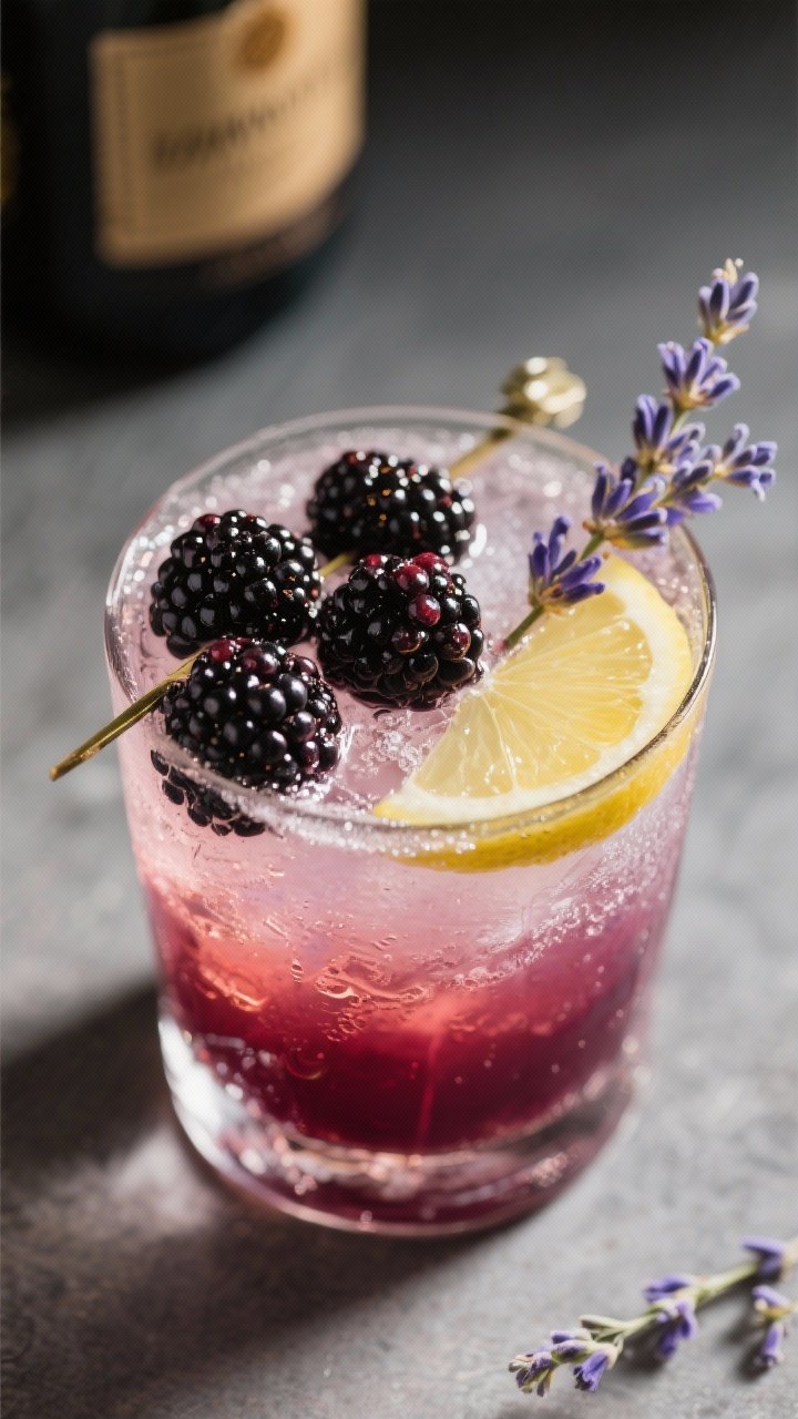Close-up, 45-degree angle of the Lavender-Honey Blackberry Prosecco Smash: 5 macerated blackberries at the base, 1 oz fresh lemon juice, lavender-honey syrup sheen (