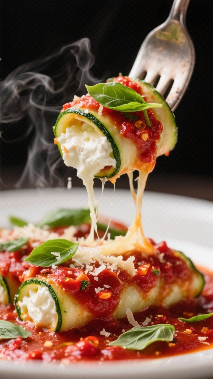 Close-up action shot of Spicy Arrabbiata Roll-Ups with Ricotta and Fresh Basil: a fork lifting a single zucchini roll-up from a red, chili-flecked arrabbiata sauce, stretchy melted mozzarella strands pulling, ricotta peeking through, and a dusting of grated Pecorino Romano on top. Fresh basil ribbons scattered over the glossy, spicy sauce. Steam visible, high contrast to highlight the vibrant reds and greens. Tight framing to emphasize heat, texture, and melted cheese.