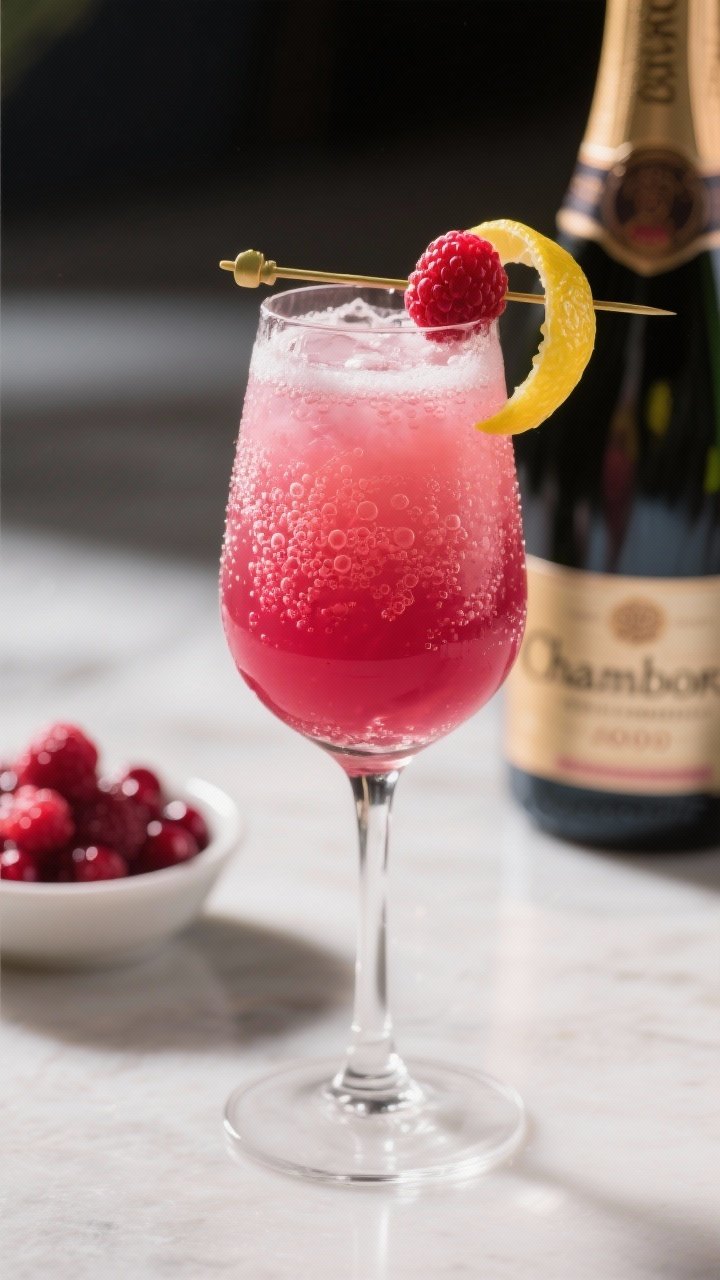 Close-up glamour shot of a Rosy Raspberry-Cranberry Fizz: a tall flute with vivid ruby-pink liquid from 100% cranberry juice, raspberry puree/syrup, fresh lemon juice, and a splash of Chambord, topped with fine champagne bubbles. A single fresh raspberry skews on the rim, lemon twist draped elegantly. Background includes a small dish of strained raspberry puree and the Chambord bottle out of focus. High contrast, sparkling highlights, celebratory mood.