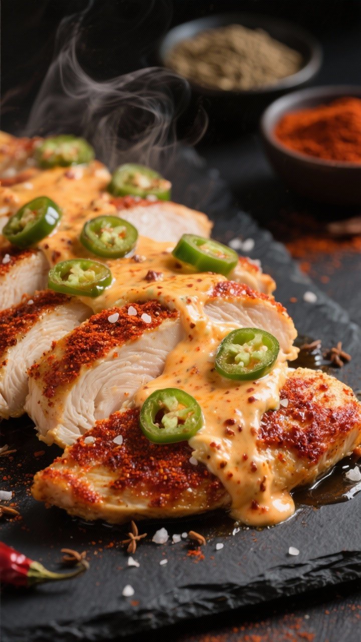 Close-up hero shot of Smoky Chipotle Keto Jalapeño Popper Chicken Bake at the moment of serving: thin-sliced chicken breast cutlets coated with kosher salt, ground cumin, chili powder, and smoked paprika, seared with olive oil, then blanketed with melty chipotle-tinged cream cheese and studded with jalapeño slices. Focus on the glossy, smoky-red spice rub and creamy, speckled chipotle sauce oozing over the cutlets; wisps of steam visible. Dark slate backdrop, warm moody lighting to accentuate the chili and paprika hues; small bowls of ground cumin and chili powder in soft focus.