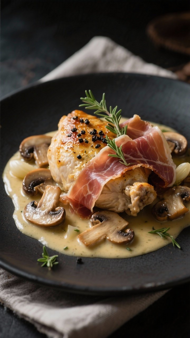 Close-up, luxe date-night plating of Tuscan Garlic Chicken with Prosciutto & Mushrooms at a 45-degree angle: tender boneless chicken thighs seared in butter, cloaked in a creamy garlic-thyme pan sauce; silky ribbons of prosciutto draped over and around the chicken, mingling with sautéed cremini mushrooms glistening in the sauce; tiny thyme leaves sprinkled on top, black pepper freshly cracked; dramatic low-key lighting, glossy highlights on the sauce, set on a charcoal plate with a linen napkin.