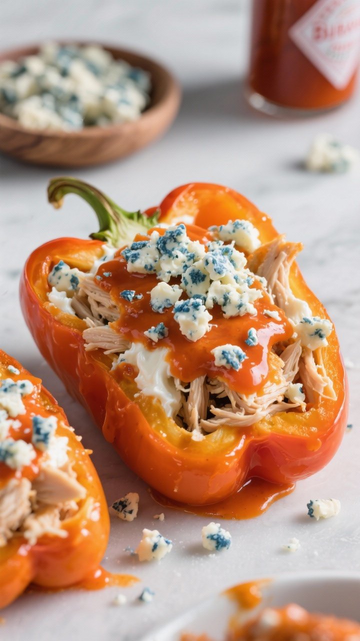 Close-up macro: Blue cheese buffalo peppers for the wing-purist soul, shot straight-on to showcase texture. Vibrant bell pepper halves stuffed with shredded chicken, hot buffalo wing sauce, and cream cheese, crowned with plentiful blue cheese crumbles that are slightly softened and melting into the orange sauce. Extra blue cheese sprinkled over the top, buffalo sauce drips down the pepper edges. Background elements: a small dish of extra blue cheese crumbles and a bottle of hot buffalo sauce blurred. High-contrast lighting to highlight creamy, tangy textures and the bold orange-and-blue color story.