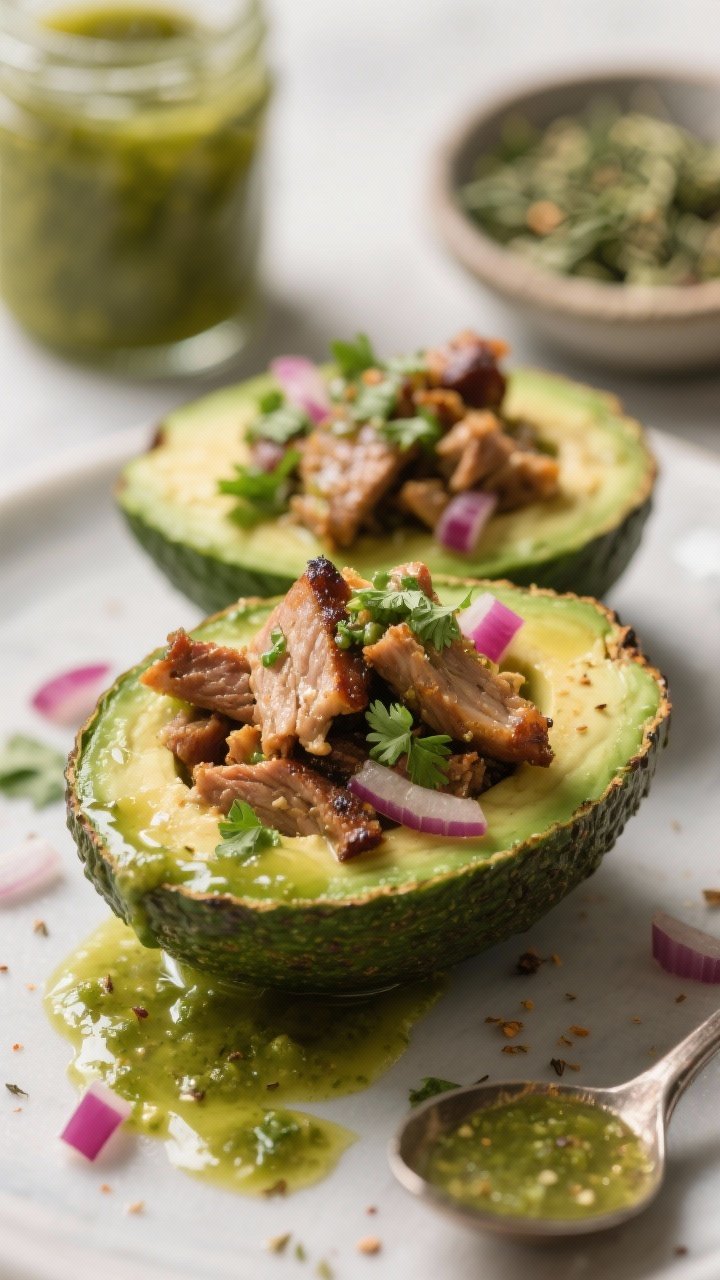 Close-up macro: Carnitas verde stuffed avocados, highlighting crispy pork edges. Avocado halves brimming with succulent carnitas tossed in salsa verde, ground cumin, and oregano, seared in avocado oil for caramelized bits. Spoon trails of glossy salsa verde pooling in the avocado wells, scattered pickled red onions and fresh cilantro. Background blur shows a jar of salsa verde and a pinch bowl of oregano. Emphasis on glistening fat, charred fringes, and bright green sauce, rich contrast, no hands.