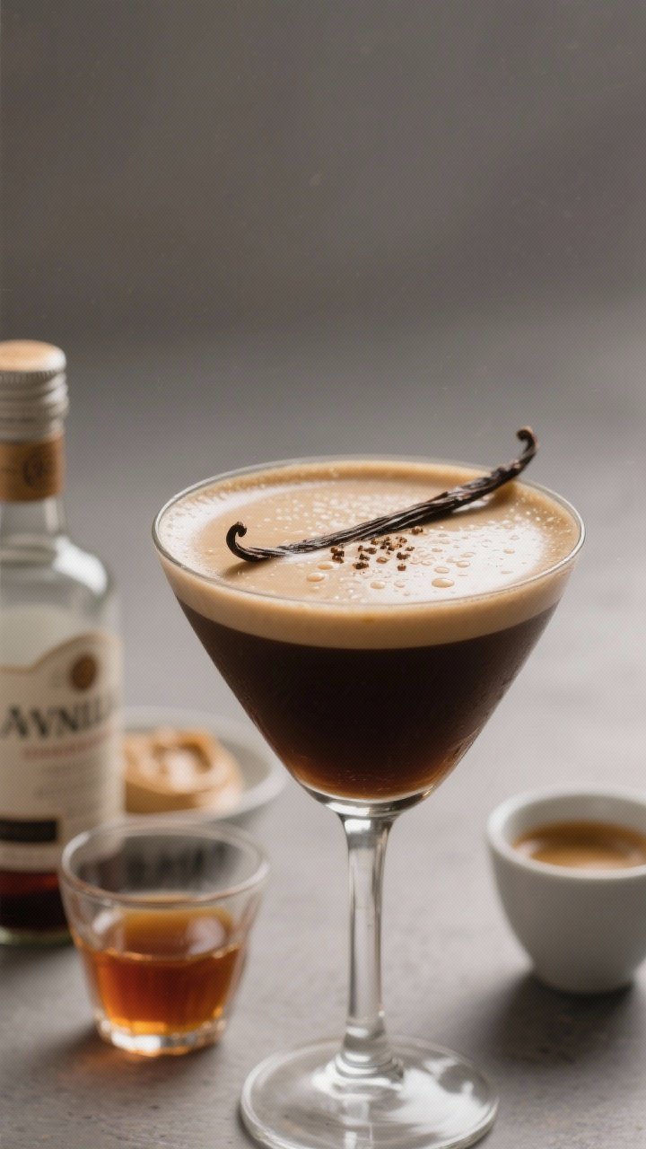 Close-up macro of a Vanilla Bean Espresso Martini capturing silk-smooth texture: coupe glass filled with deep coffee tone and a fine, even crema; tiny vanilla bean specks visible on top. In the foreground blur: vanilla vodka bottle neck (or a small dish with a dab of vanilla paste), a short glass of demerara syrup with amber hue, and a demitasse of cooled espresso. Soft neutral backdrop, moody studio lighting, tight depth of field emphasizing creamy surface and bead of condensation on the rim, refined and elegant.