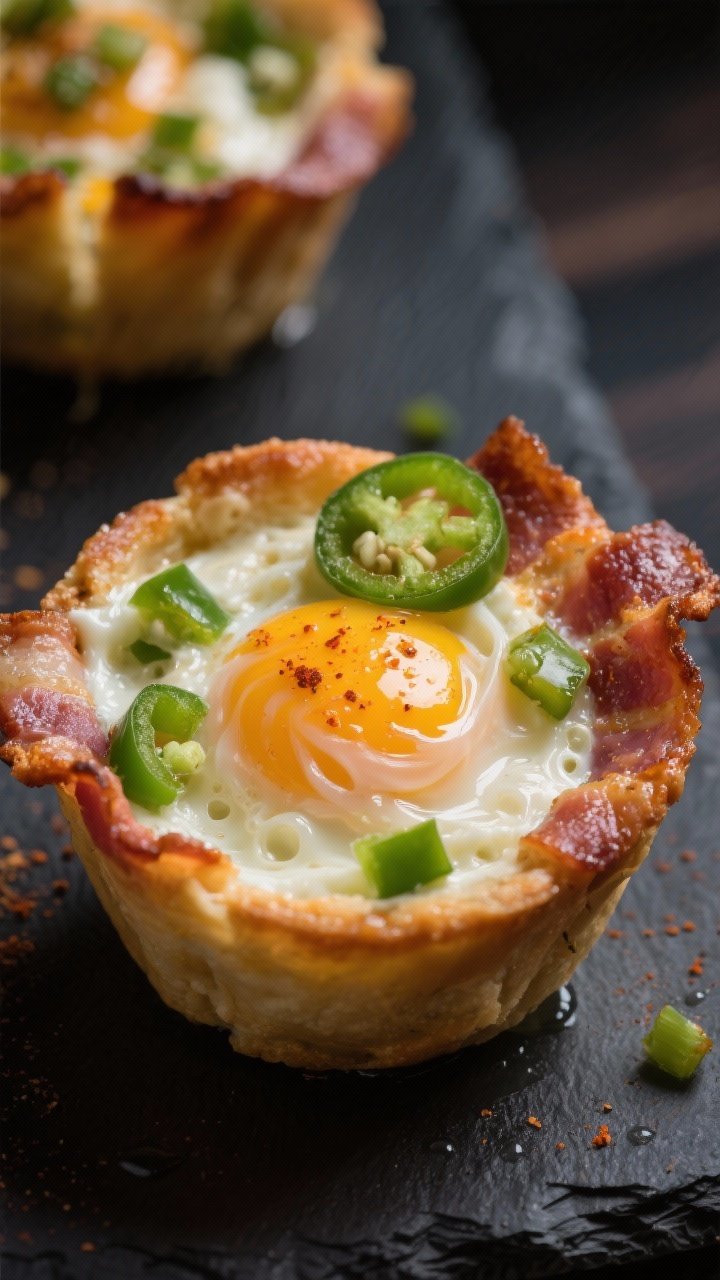 Close-up macro of Jalapeño Popper Bacon Cups: bacon cups filled with egg swirled with softened cream cheese, ribbons of melted pepper jack, and finely diced fresh jalapeños (a few seeds visible for heat); cheese stretch and glossy swirl texture emphasized, slight paprika-like warmth from smoked seasoning (smoky note suggested); one cup sliced to reveal creamy interior studded with green jalapeño bits; set on a dark slate for contrast, shallow depth of field, dramatic side lighting to highlight bubbles and crisp bacon edges.
