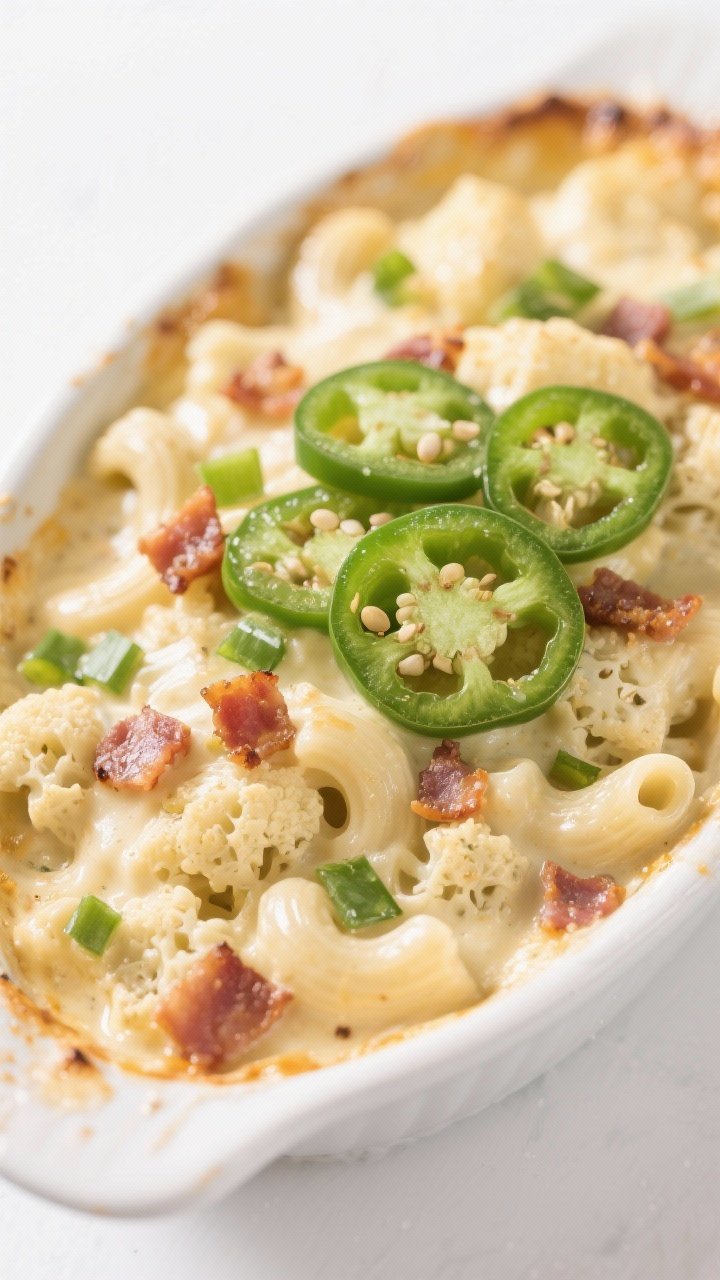 Close-up, straight-on shot of Jalapeño Popper Cauli “Mac” with Pickled Zing: creamy, cheesy cauliflower base studded with chopped fresh jalapeños, optional crisp bacon bits folded through, and a garnish of thinly sliced pickled jalapeños glistening on top. Focus on contrast between creamy sauce and vibrant green peppers, seeds visible, slight char on jalapeño rounds. Served in a white oval gratin dish with bubbling edges, subtle steam, lime-tinted highlights, minimalist white background to make the greens and bacon pop.