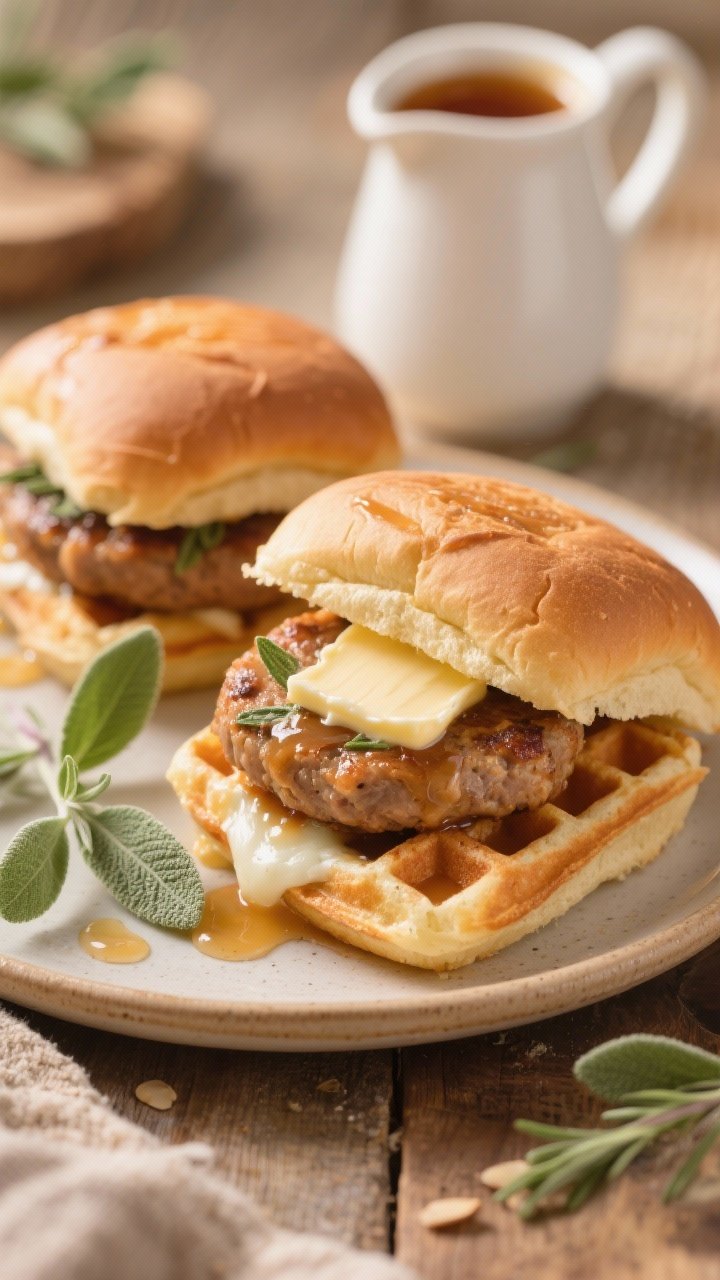 Cozy 45-degree shot of Maple-Sage Chicken Sausage Sliders: basic chaffles (egg, mozzarella, almond flour, baking powder, pinch of salt) as buns, filled with browned chicken sausage patties flecked with sage, a light brush of sugar-free maple glaze, and a pat of softened butter melting into the chaffle grid. Warm-toned ceramic plate, small pitcher with maple glaze in background, a few fresh sage leaves scattered. Soft, golden morning light to highlight sweet-and-savory gloss and the tender, juicy sausage crumb. No people, pure food focus.