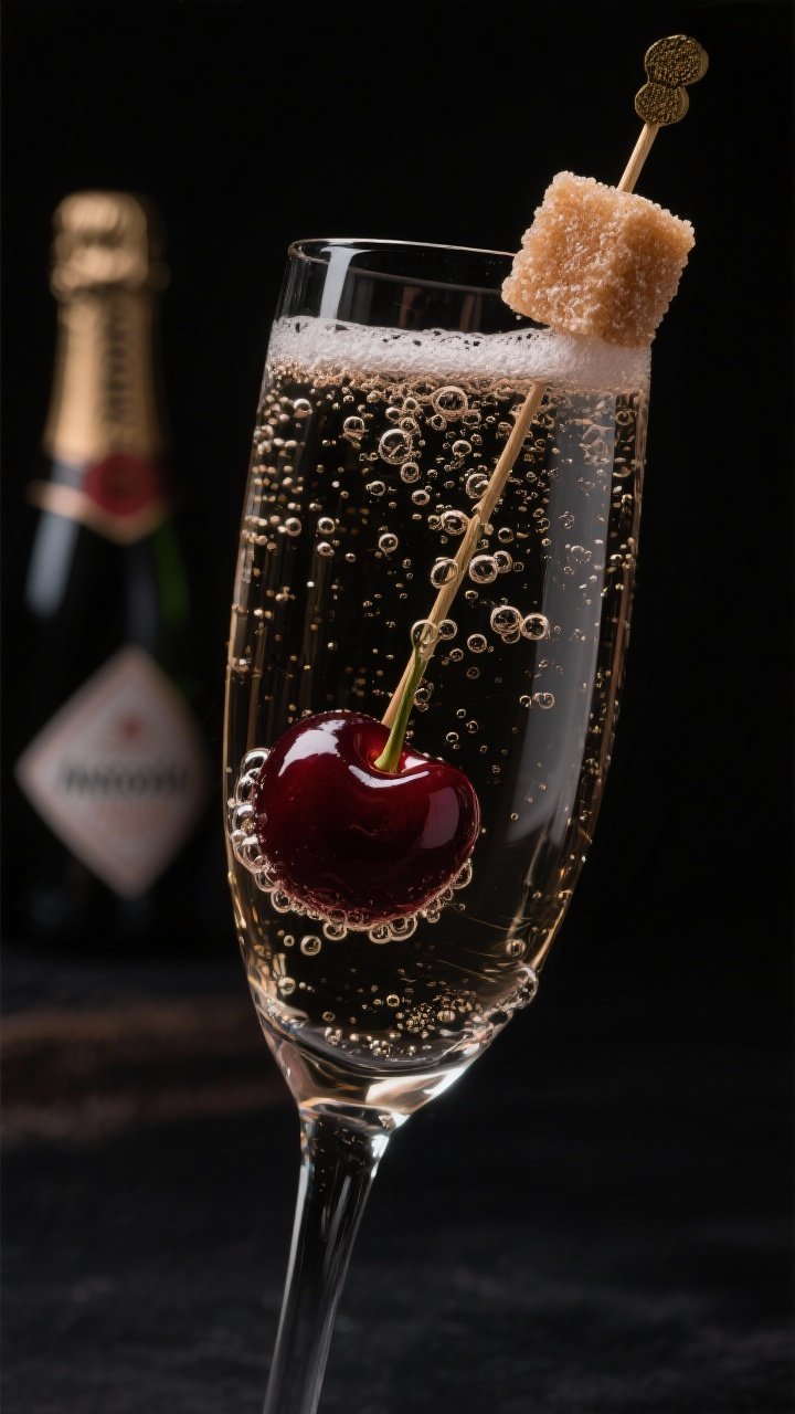 Dramatic close-up noir-style portrait of the Midnight Cherry Champagne: a chilled flute catching low, moody side light, showing a demerara sugar cube tinged by 2 dashes Angostura and a subtle blush from 1/4 oz Luxardo Maraschino (or cherry heering); 5 oz dry Champagne effervescing around a glossy brandied cherry sunk at the bottom; deep cherry and mahogany highlights against a charcoal backdrop, tight depth of field on the rising bubbles and cherry, cocktail pick and Maraschino bottle blurred behind.