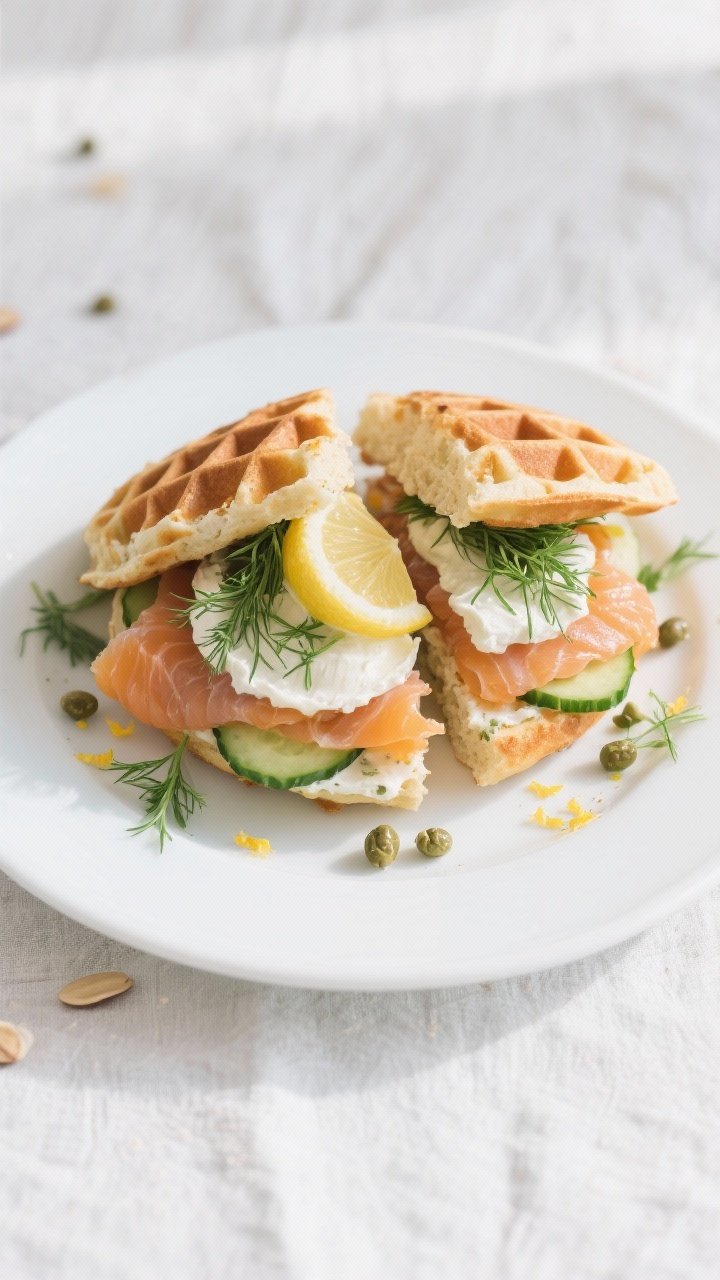 Elegant plated presentation of Smoked Salmon, Dill & Cucumber Sliders: almond chaffles (egg, mozzarella, almond flour, baking powder, pinch of salt) split and filled with silky smoked salmon ribbons, thin cucumber rounds, fresh dill fronds, and a dollop of lemony cream cheese. Straight-on composition highlighting layers, with microgreens and lemon zest sprinkled around, tiny capers scattered for briny contrast. Cool daylight, light linen backdrop, matte white plate for a brunch-level fancy, clean Scandinavian feel.