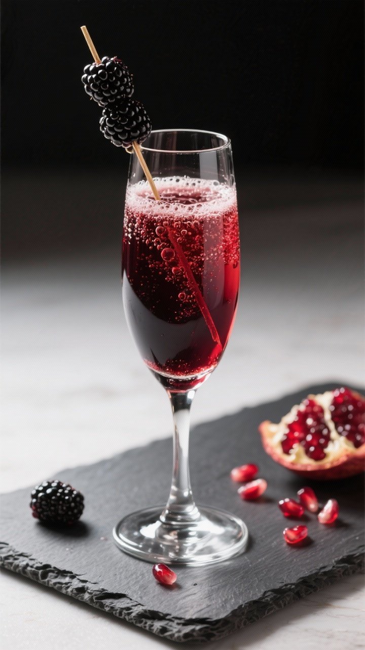 Elegant plated presentation of the Pomegranate Sparkler Royale With Blackberries at 45 degrees: a Champagne flute layered with deep ruby pomegranate juice and dark, glossy crème de cassis, topped with chilled Champagne for fine, delicate streams of bubbles; two plump fresh blackberries skewered on a pick, additional berries and a small scatter of pomegranate arils on a slate serving board; high-key lighting, reflective highlights on the glass, luxe mood evoking a festive royale.