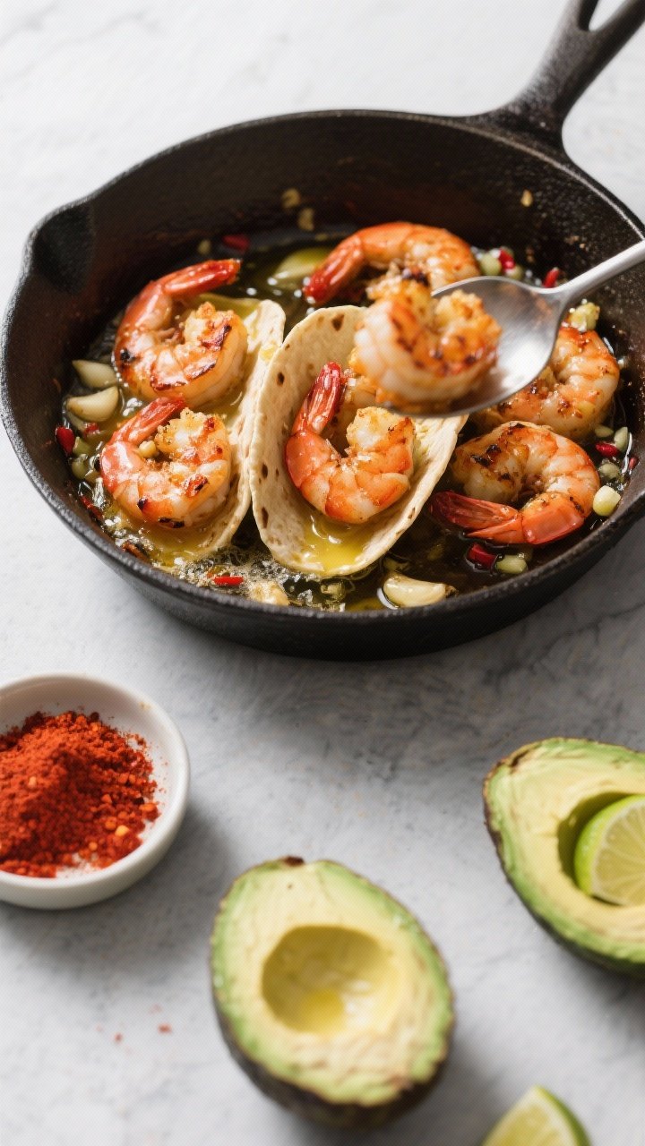Ingredient-action shot at 45 degrees: Zesty shrimp taco boats being filled. A skillet of large shrimp sautéed in butter and olive oil with minced garlic, chili powder, and smoked paprika—shrimp slightly charred, garlicky butter bubbling. In the foreground, ripe avocado halves await stuffing, with a small dish of extra paprika and lemon-lime wedges nearby. Capture motion of spoon hovering with shrimp over an avocado. Clean light slate surface, punchy reds and greens, crisp highlights on shrimp.