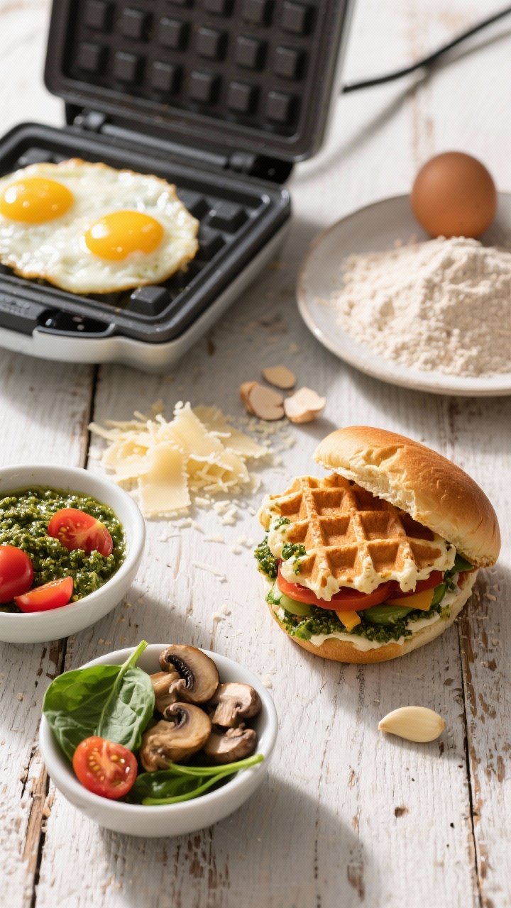 Ingredient-prep overhead flat lay for Veggie Supreme Pesto Egg Sliders: grated parmesan, cracked egg, almond flour, baking powder, pinch of garlic powder ready to become parmesan chaffles on a waffle iron; small bowls of basil pesto, sliced cherry tomatoes, baby spinach, sautéed mushrooms, and a just-cooked soft scrambled egg. A finished slider sits at the corner showing pesto-slicked interior and colorful veggie stack between crisp, frico-like parmesan chaffles. Bright, natural light with crisp shadows, rustic wood surface, emphasizing texture and freshness.