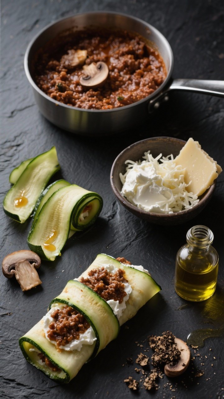 Ingredients and process overhead for Mushroom Bolognese Roll-Ups with Truffle Kiss: a dark slate background with neatly arranged components—thin zucchini strips brushed with olive oil, a saucepan of rich mushroom “Bolognese” (deep brown, chunky mushroom texture), ricotta in a bowl, shredded mozzarella, grated hard cheese, and a small vial or bottle of truffle oil. One partially assembled roll-up shows ricotta and mushroom sauce layered on a zucchini ribbon, ready to roll. Moody, directional light to highlight umami richness and truffle sheen; no hands, precise composition.