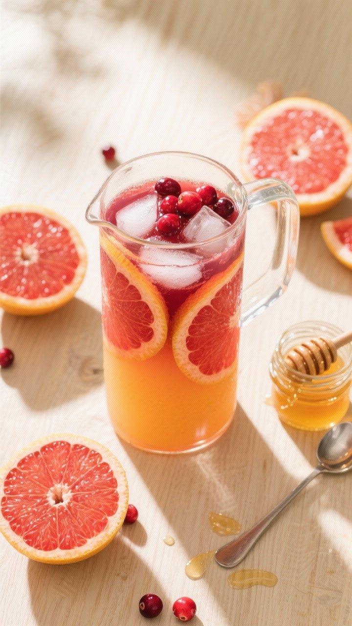 Overhead flat lay for Citrus Sunrise Cranberry Punch: a clear pitcher showing layered hues from 100% cranberry juice, blood orange juice, grapefruit juice, and honey syrup, with ice, thin blood orange and grapefruit wheels, and a drizzle sheen from honey syrup. Surround with halved blood oranges, ruby red grapefruit segments, a small jar of honey syrup, and a bar spoon. Bright morning light on a light wood table to suggest brunch, crisp and refreshing aesthetic.