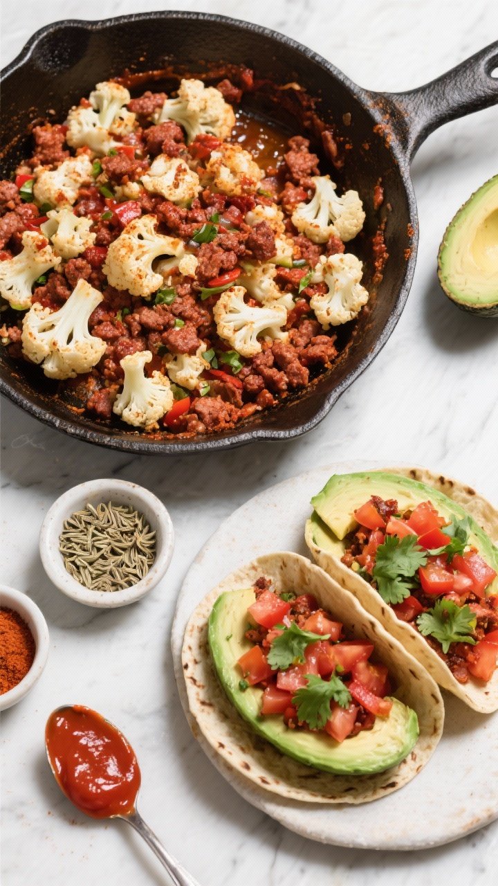 Overhead flat lay ingredients-to-final transition: Veggie taco supreme with spiced cauliflower “chorizo.” One side shows a cast-iron pan of riced cauliflower sautéed in avocado oil with tomato paste, chili powder, smoked paprika, and ground cumin—deep rusty-red color, crumbly chorizo-like texture. The other side presents avocado halves filled with the cauliflower mix, topped with diced tomatoes and cilantro. Include small bowls of spices and a smear of tomato paste on a spoon for context. Bright, fresh styling, sharp detail, no human elements.