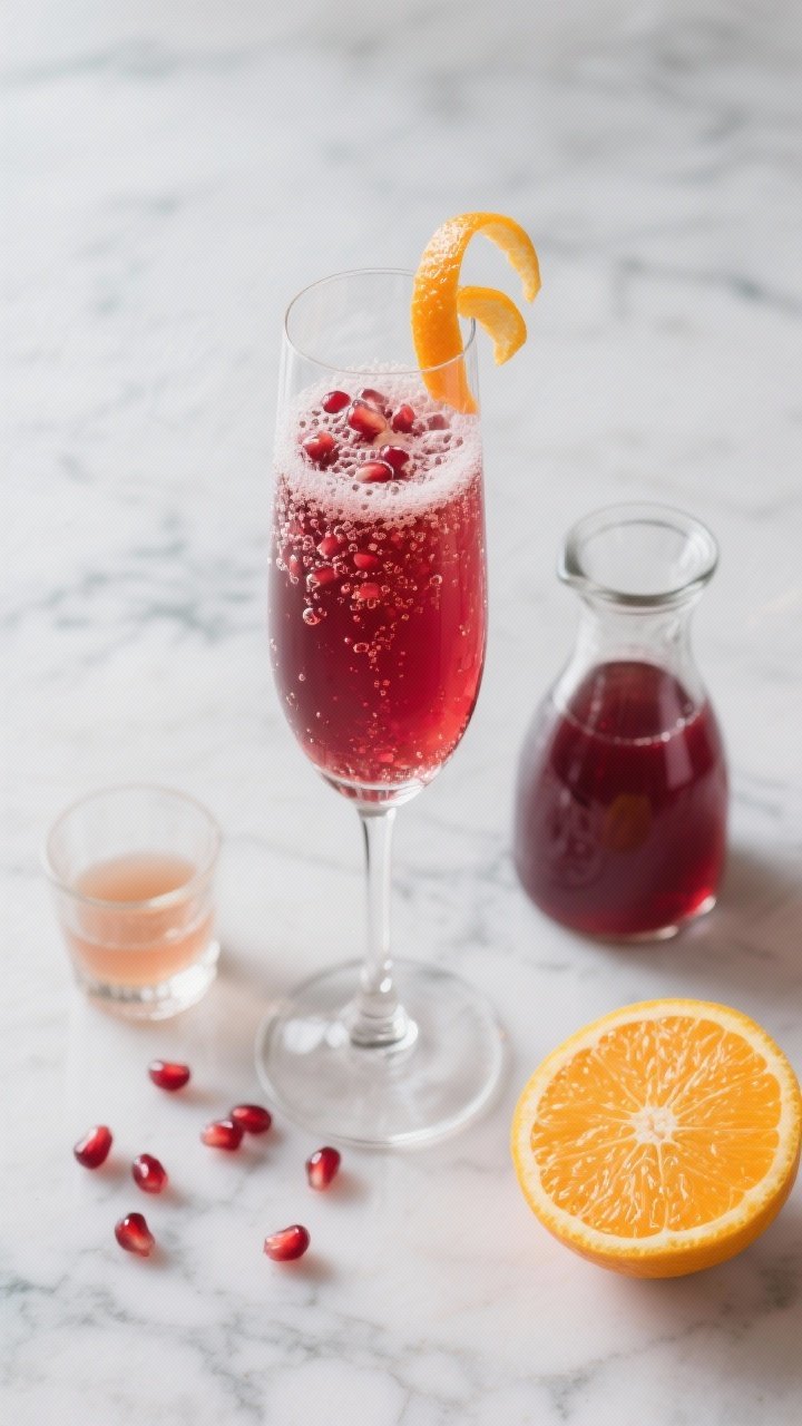 Overhead flat lay of a freshly poured Classic Pomegranate Sparkler With A Citrus Twist: a tall flute filled with deep ruby pomegranate juice brightened by a hint of orange, topped with lively bubbles from chilled Brut cava; a thin orange twist perched on the rim, tiny pomegranate arils scattered on a cool marble surface; nearby shot glass of simple syrup (1:1), a small carafe of unsweetened pomegranate juice, and a halved orange with visible juice vesicles; crisp highlights, minimal modern styling, high contrast, professional studio lighting emphasizing effervescence.