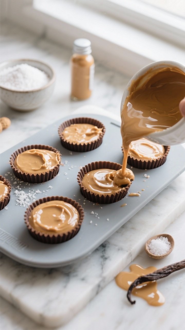 Overhead flat lay of classic creamy keto peanut butter cups being poured into a silicone mini-muffin mold: glossy natural creamy peanut butter blended with melted coconut oil, powdered erythritol, pure vanilla extract, and a pinch of fine sea salt, yielding a silky, melt-in-your-mouth texture. Scene styled on a cool marble slab with a small bowl of powdered sweetener, a vanilla bottle, a pinch dish of sea salt, and drips of peanut butter; soft natural window light, clean minimal mood, focus on the smooth, shiny surface of the cups just set but still tender.