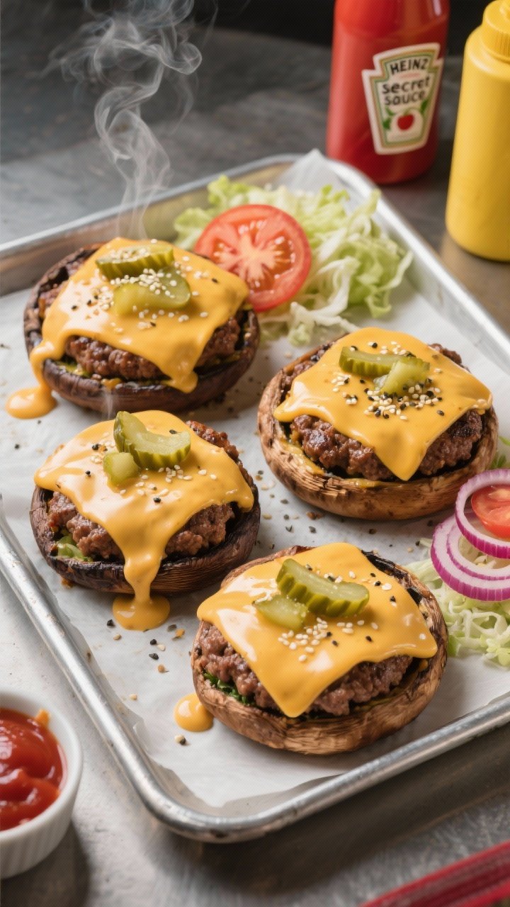 Overhead flat-lay of Classic Diner-Style Cheeseburger Stuffed Portobellos just out of the oven: four broiled portobello caps filled with juicy 80/20 ground beef seasoned with kosher salt, black pepper, garlic powder, onion powder, a hint of Worcestershire, topped with melted American cheese and a generous drizzle of creamy “secret sauce” (ketchup-mayo-mustard style) with finely diced pickles; sesame seed sprinkle, thin tomato slices, shredded iceberg, and paper-thin red onion rings on the side for garnish; styled on a chrome-edged diner tray with parchment, ketchup and mustard squeeze bottles in the background; crisp, glossy cheese pull, warm steam, high-contrast lighting for a classic diner vibe.