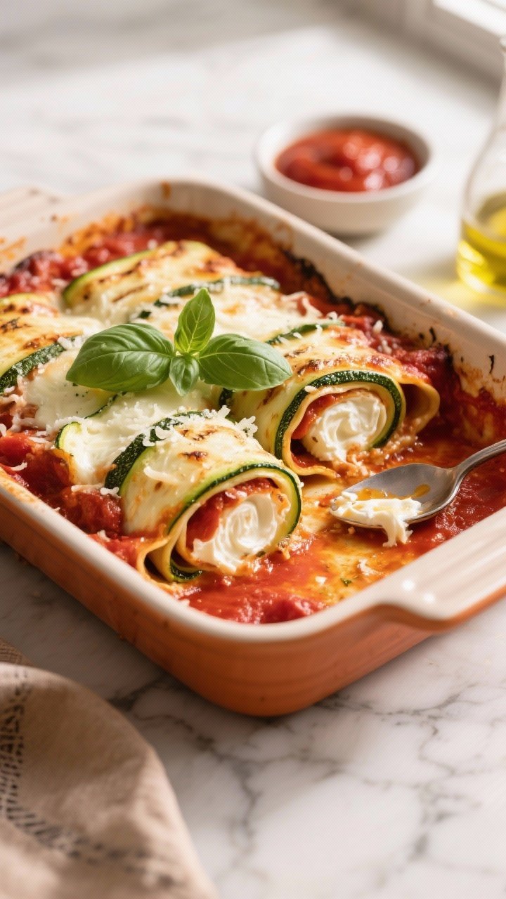 Overhead flat lay of Classic Weeknight Zucchini Lasagna Roll-Ups just out of the oven: thin grilled zucchini ribbons rolled around herbed whole-milk ricotta, nestled in a bubbling pool of bright red marinara, topped with melted low-moisture mozzarella and a sprinkle of grated hard cheese; garnished with fresh basil leaves. Show a spoon trail revealing creamy ricotta swirls inside a sliced roll-up. Set on a warm-toned baking dish over a marble surface, with a small bowl of extra marinara and a drizzle of olive oil nearby. Natural window light, crisp detail, no people.