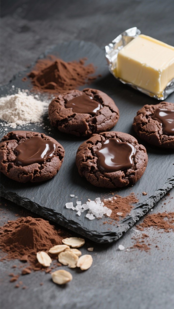 Overhead flat lay of double-chocolate fudge cookies on a dark slate board, showing crinkly tops and fudgy centers with glossy chocolate pools. Scatter ingredients artfully: blanched almond flour, Dutch-processed cocoa powder (deep mahogany), allulose, baking soda, fine sea salt, and a stick of unsalted butter partially unwrapped. Dust of cocoa on the surface, rich chiaroscuro lighting to emphasize deep chocolate color and moist texture; elegant, dramatic mood.