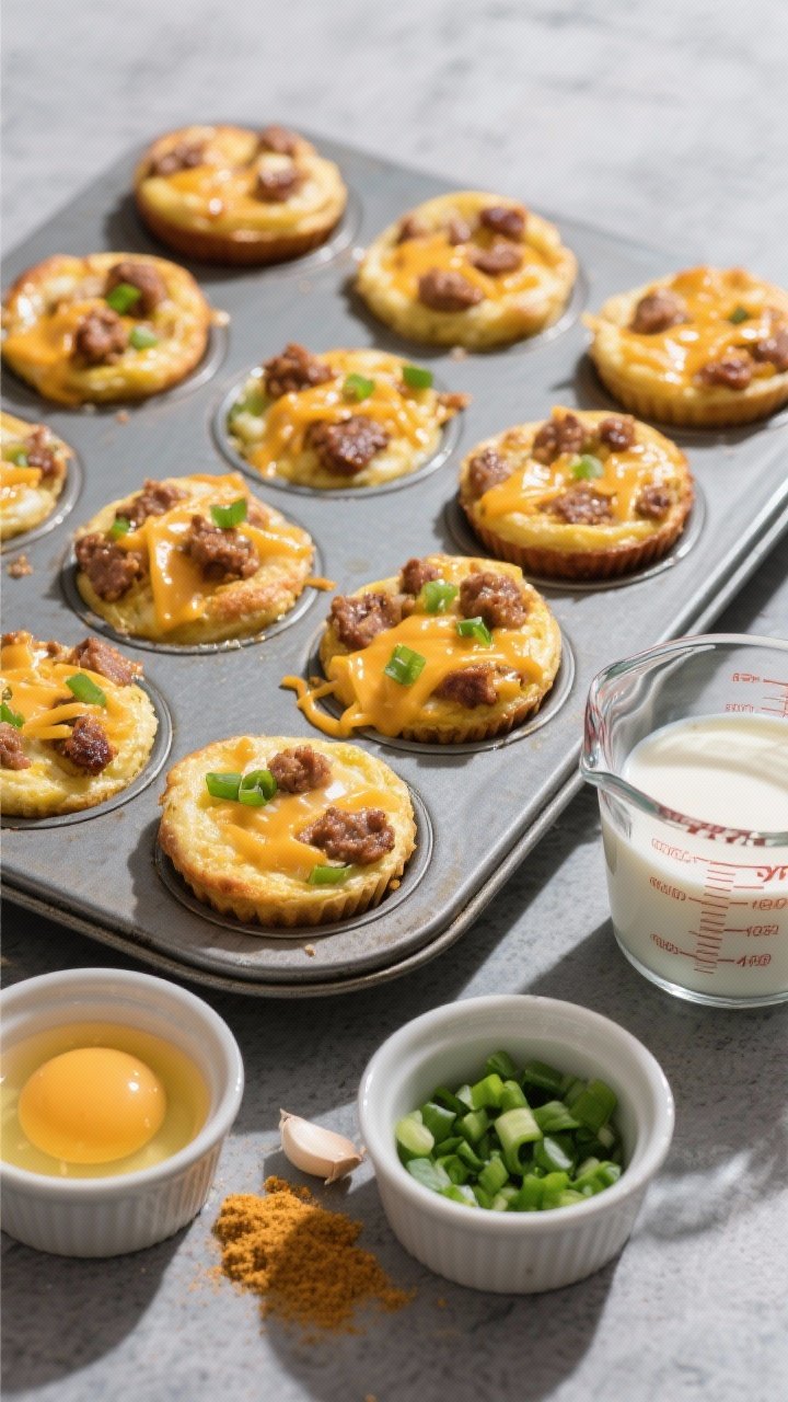 Overhead flat-lay of freshly baked Classic Diner-Style Sausage & Cheddar egg muffins cooling in a nonstick muffin tin on a brushed metal sheet pan. Golden, slightly puffed tops with melted sharp cheddar bubbling in crevices, visible browned breakfast sausage crumbles, and flecks of green onion. Small ramekins around the pan show raw ingredients: beaten eggs in a glass measuring cup, heavy cream, shredded sharp cheddar, chopped green onion, a pinch pile of garlic powder and onion powder. Neutral slate background, soft morning light, crisp shadows, no people, classic diner vibe.