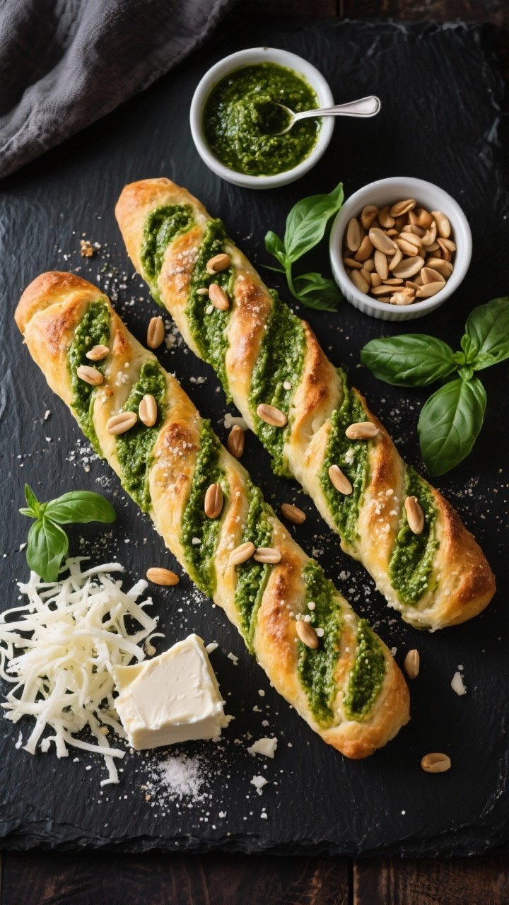 Overhead flat lay of Pesto-Swirled Garlic Breadsticks on a dark slate, showcasing vivid green basil pesto ribbons baked into the golden surface, topped with toasted pine nuts and a light garlic powder finish. A small bowl of basil pesto with a tiny spoon, scattered fresh basil leaves, and a ramekin of toasted pine nuts frame the scene. Ingredients appear thoughtfully placed: shredded mozzarella, cream cheese, almond flour, egg, baking powder, kosher salt. High-contrast lighting to make the pesto green pop against the warm bread tones, modern Italian café mood.
