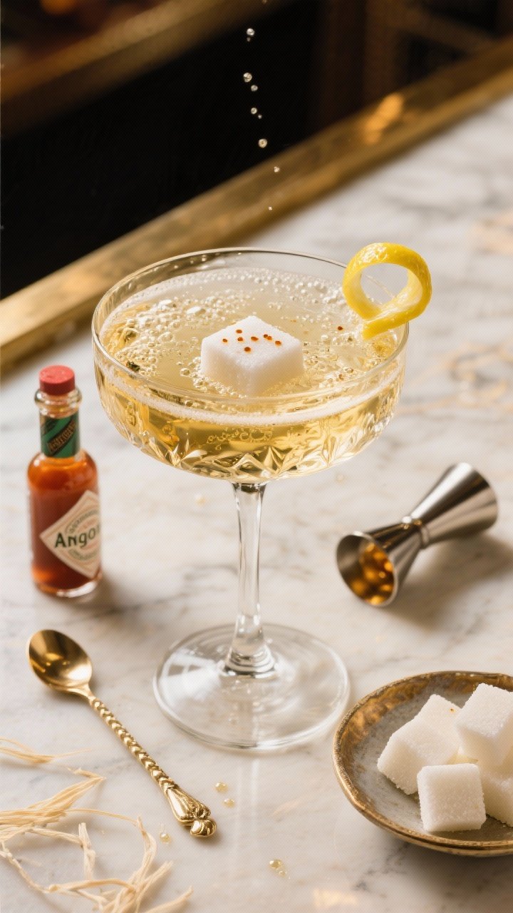 Overhead flat lay of the Classic Champagne Cocktail build: a crystal coupe with a sugar cube at the bottom stained with 2–3 dashes of Angostura bitters, topped with lively streams of well-chilled Brut Champagne; a tight curl lemon twist perched on the rim, tiny side jigger with a splash of Cognac optional; palette of golds, amber, and pale straw bubbles on a marble bar surface with a bar spoon, bitters bottle, and a small dish of extra sugar cubes; crisp, elegant, timeless mood, no people, professional studio lighting emphasizing effervescence.