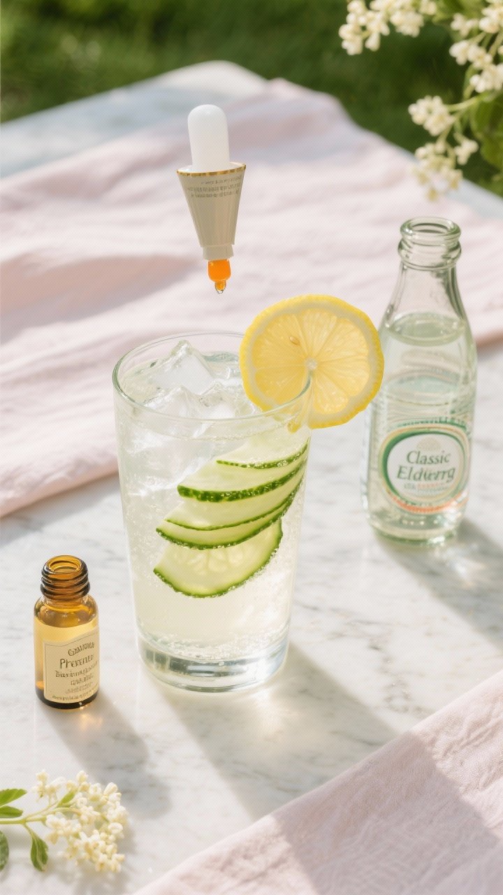 Overhead flat lay of the Classic Elderflower Spritz being built: a highball glass filled with clear ice cubes, three thin cucumber slices fanned inside, a lemon wheel resting on the rim, a small bottle of elderflower liqueur, a chilled Prosecco mini, and a soda water bottle arranged on a pale marble surface; include a small bitters bottle with a single dropper poised above the glass to hint at the optional dash of orange bitters; light, airy garden-party mood with soft natural light and pastel linens.