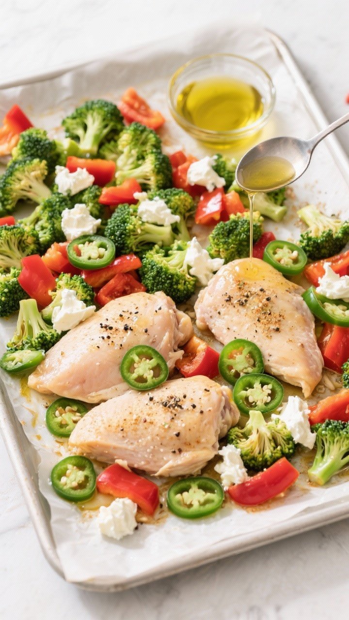 Overhead ingredient-and-assembly scene for the One-Dish Veggie-Packed Keto Jalapeño Popper Chicken Bake: large chunks of chicken thighs/breasts tossed with olive oil, kosher salt, black pepper, and garlic powder on a sheet pan alongside a generous mix of small broccoli florets and bell pepper pieces (vibrant reds/greens), with dollops of cream cheese ready to melt, and sliced jalapeños scattered throughout. One tablespoon of olive oil shown drizzled, the second in a small glass bowl; everything arranged for a single-pan roast. Clean baking parchment, bright daylight to pop the veggie colors; minimal props, focus on freshness and the one-dish convenience.