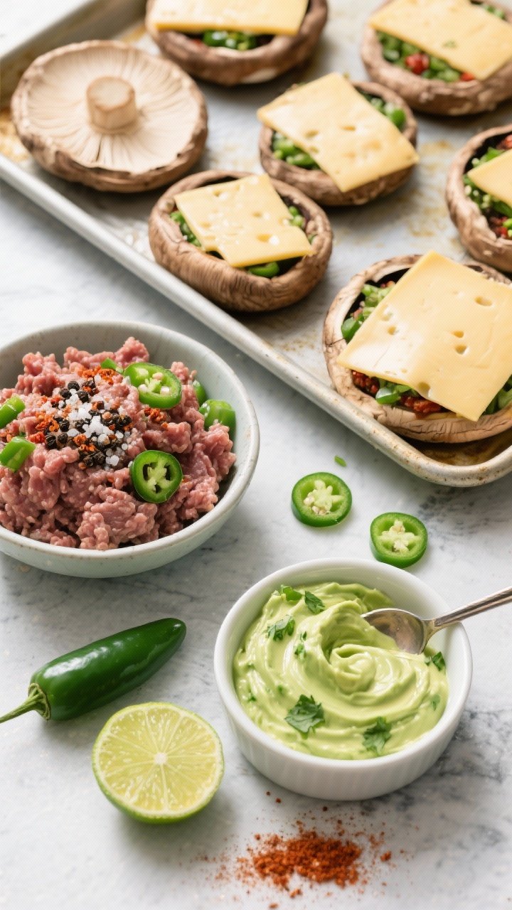 Overhead ingredient-and-prep shot for Jalapeño Pepper Jack Portobellos: raw portobello caps (stems removed, gills scraped) on a sheet pan, a bowl of 85/15 ground beef mixed with kosher salt, black pepper, cumin, smoked paprika, and finely minced fresh jalapeño; slices of pepper jack cheese ready to top; small bowl of avocado-lime crema (pale green, flecks of cilantro) with a spoon swirl; lime halves, extra jalapeño coins, and a dusting of paprika on a light stone surface; bright, fresh lighting to emphasize green tones and spicy energy.