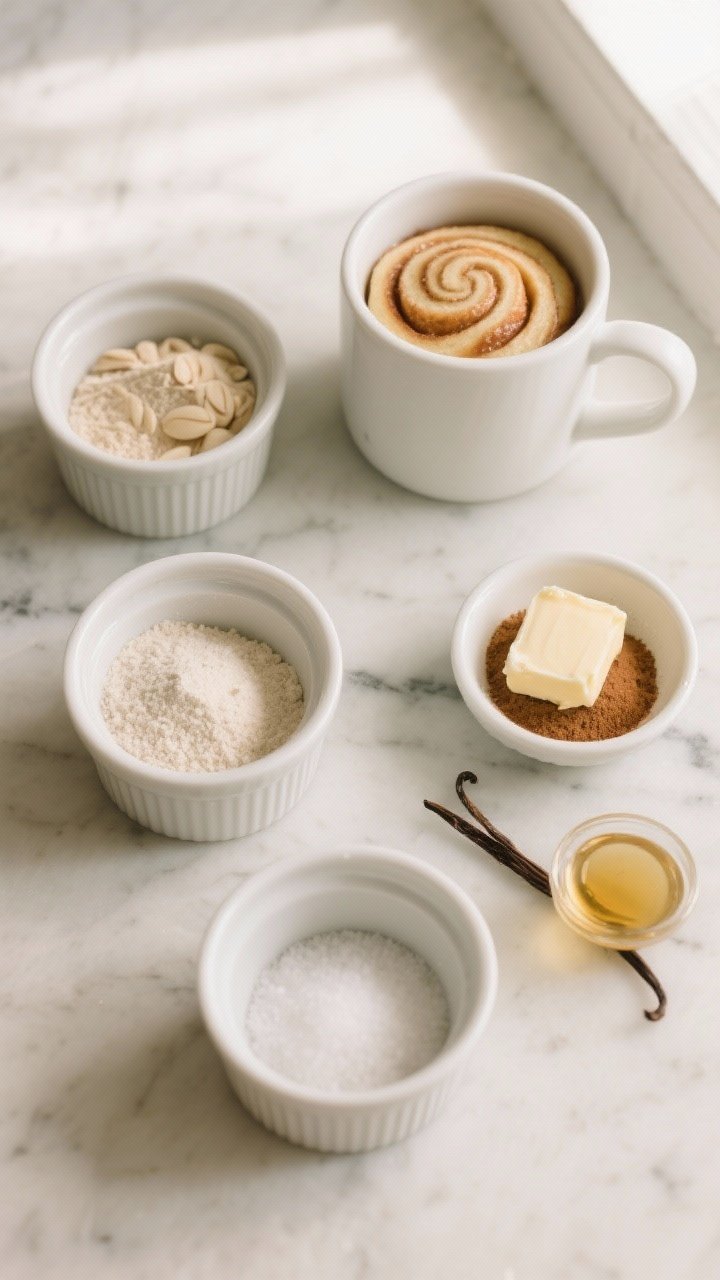 Overhead ingredient flat lay for “Classic Swirl Keto Cinnamon Roll Mug Cake”: neatly arranged on a cool marble surface are small ramekins holding 3 tablespoons blanched almond flour, 1 tablespoon coconut flour, 1/2 teaspoon baking powder, 1 tablespoon granulated erythritol, and a pinch of fine sea salt; alongside a white mug, a tiny bowl of ground cinnamon for the swirl, a pat of butter, and a splash of vanilla extract. Warm neutral tones, soft diffused window light, clean minimal styling, crisp textures of flours visible, no people, professional editorial look.