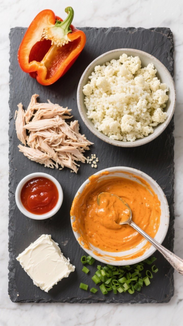 Overhead ingredient-prep flat lay: Cauli-rice buffalo chicken pepper mise en place on a dark slate board. Display halved bell peppers, a bowl of riced cauliflower (fresh or thawed), shredded cooked chicken, a small bowl of buffalo wing sauce, softened cream cheese, and finely chopped green onions (1/4 cup) ready for mixing. Include a spoon showing the creamy orange mixture starting to come together in a separate mixing bowl, with a few grains of cauli-rice and streaks of buffalo sauce visible. Clean, bright styling that communicates a fuller, meal-worthy filling; neutral props to let colors pop.