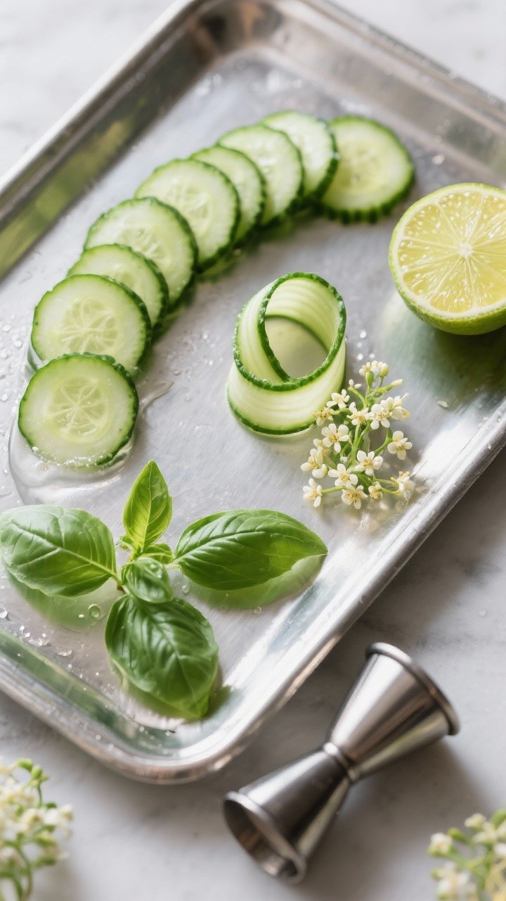 Overhead ingredient-prep scene for the Garden Green Elderflower Spritz: thin cucumber rounds arranged in a neat arc, two long cucumber ribbons curled on a chilled tray, three fresh basil leaves and extra sprigs, a lime cut in half with visible juice, a jigger showing