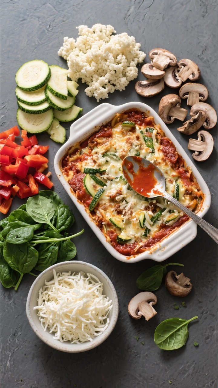 Overhead ingredient-to-assembly flat lay for a Veggie-Lover’s Keto Pizza Casserole: neat piles of riced cauliflower, halved-and-sliced zucchini, sliced cremini mushrooms, diced red bell pepper, and fresh baby spinach arranged around a central casserole dish partially filled with low-sugar marinara; a bowl of shredded mozzarella ready to top; vibrant greens, reds, and earthy browns against a matte slate background; a spoon streaked with marinara, a few stray spinach leaves and mushroom slices for realism; bright, fresh, vegetable-forward mood.