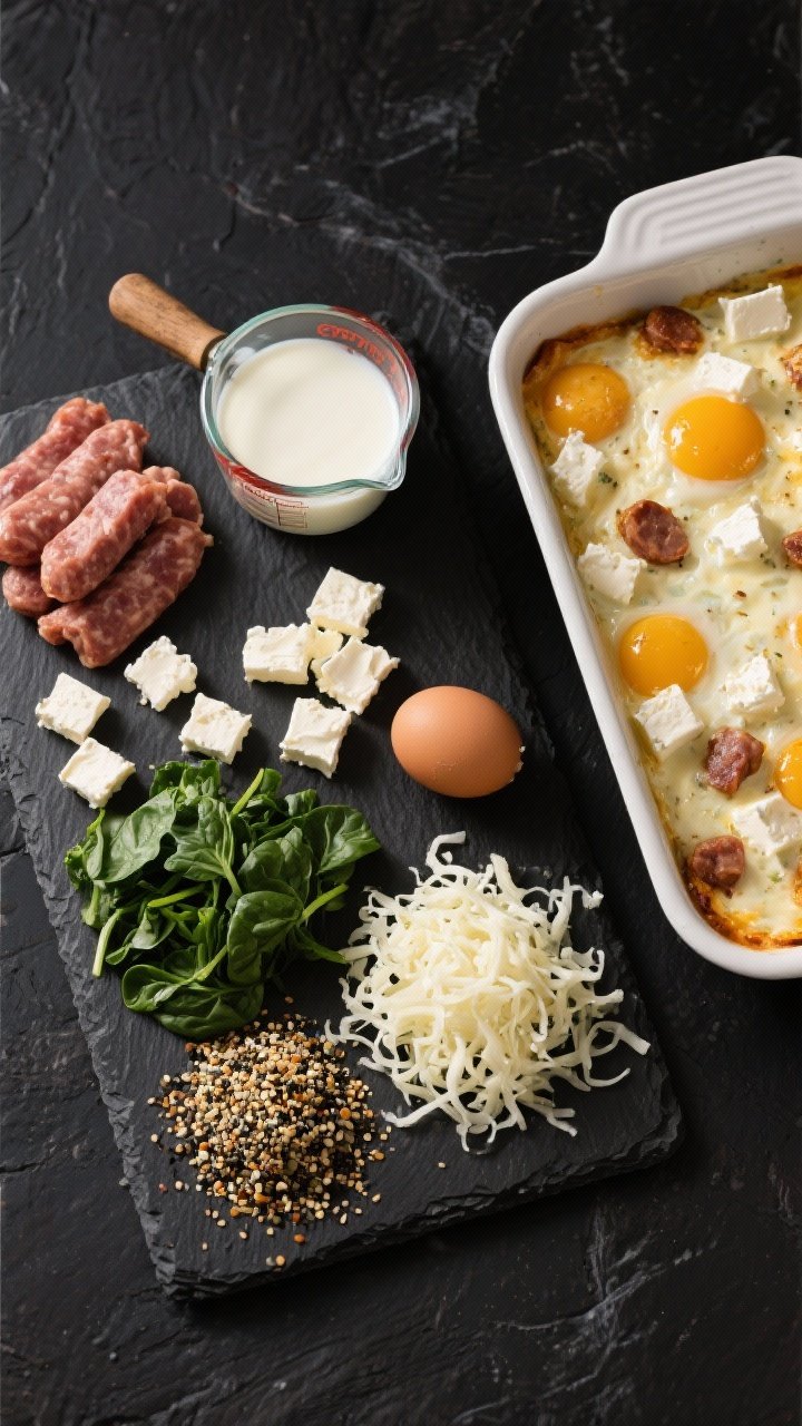 Overhead ingredient-to-assembly scene for an “Everything Bagel” keto casserole: neat mise en place on a dark slate—raw breakfast sausage, cubed softened cream cheese, shredded mozzarella, chopped spinach, eggs, heavy cream in a measuring cup, and a heap of everything bagel seasoning. Off to the side, a partially filled baking dish shows the creamy egg mixture studded with cream cheese cubes and sausage. Graphic composition, high contrast, crisp detail, no hands in frame.