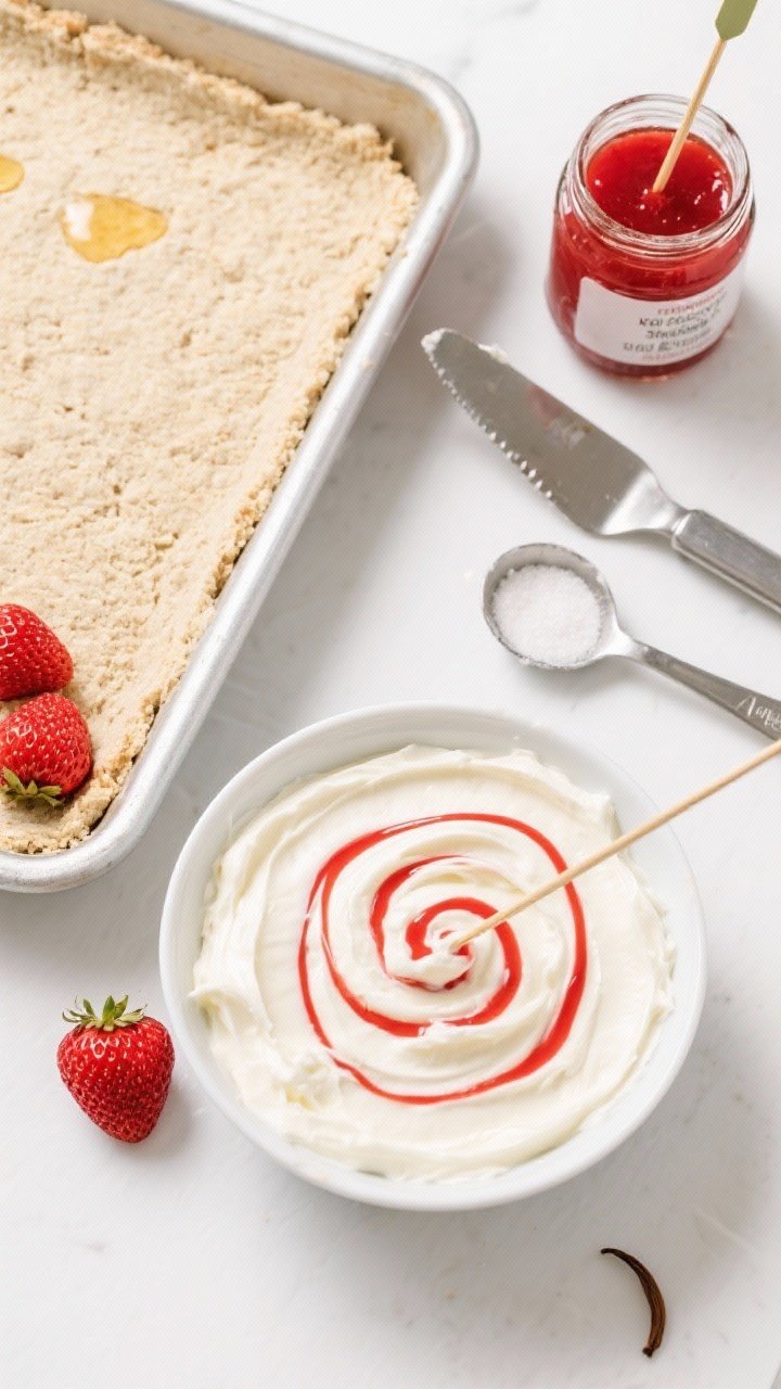 Overhead ingredient-to-assembly scene for strawberry swirl no-bake bites: a baking pan with almond flour crust pressed in (1 1/4 cups almond flour, 3 tbsp powdered sweetener, 4 tbsp melted butter), next to a bowl of whipped filling (8 oz cream cheese, 1/3 cup powdered sweetener, 1/4 cup cold heavy cream, 1 tsp vanilla) and a small jar of vivid strawberry puree for swirling. A skewer traces elegant red swirls across the creamy white surface. Clean, bright studio light, pops of red from strawberries, stainless offset spatula and measuring spoons in frame, showcasing the swirling step.