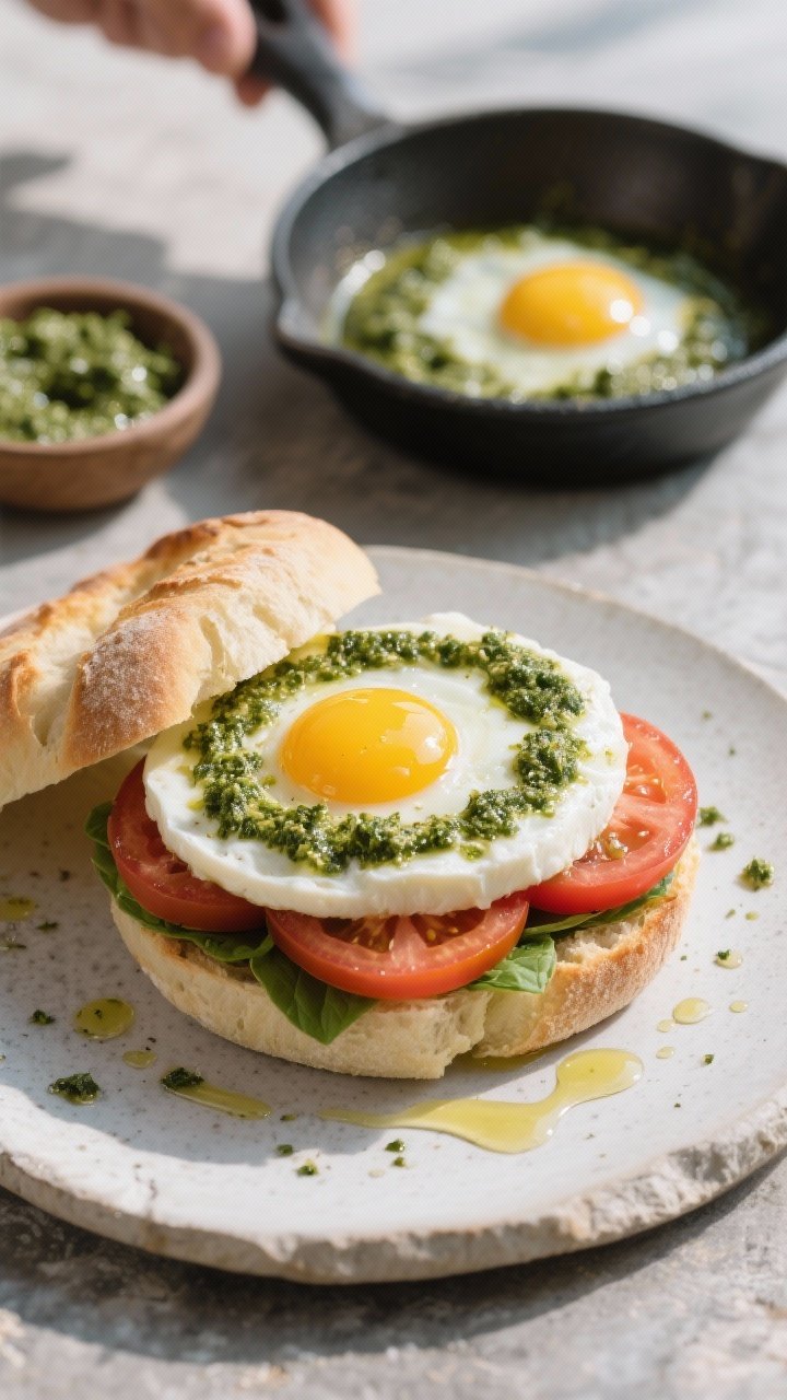 Overhead ingredient-to-assembly scene transitioning to a final stack: a skillet-fried pesto egg (sunny yolk ringed with sizzling basil pesto) set on cloud bread, topped with a thick slice of fresh mozzarella and bright tomato slices; a light brush of olive oil glistening on the tomato, flecks of pesto dotting the plate; served on a cool stone surface with a small dish of extra pesto and a drizzle trail; vibrant midday light, crisp, fresh Mediterranean mood.