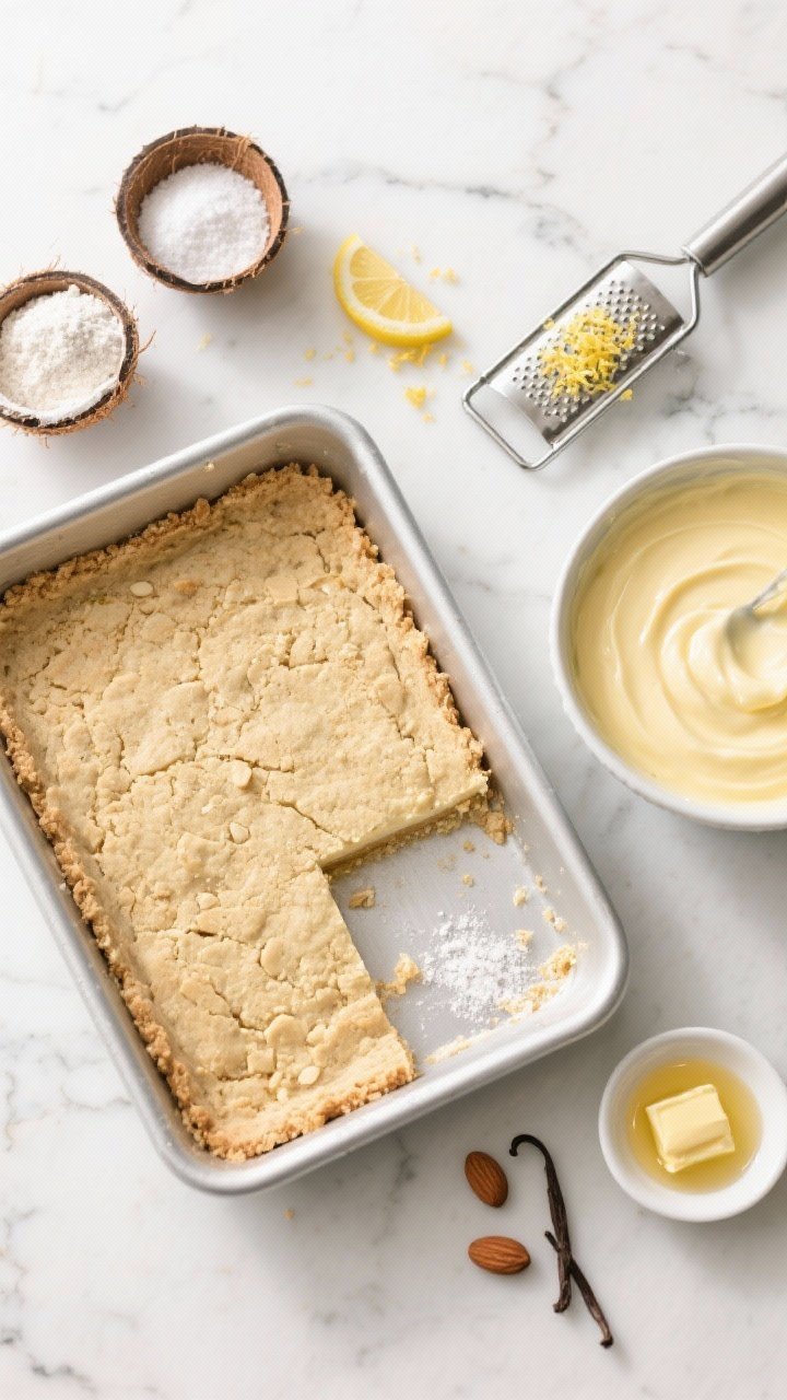 Overhead ingredient-to-assembly shot for Lemon Cheesecake Bars With Almond Shortbread Crunch: a partially assembled pan showing the almond shortbread crust pressed in (almond flour, coconut flour, powdered allulose, salt, melted butter, vanilla) with a bowl of silky lemon cheesecake filling beside it, ready to pour. Surrounding props: measured ramekins of coconut flour and powdered allulose, a zester with fresh lemon zest, a small dish of melted butter. Clean marble background, organized mise en place, bright natural light.