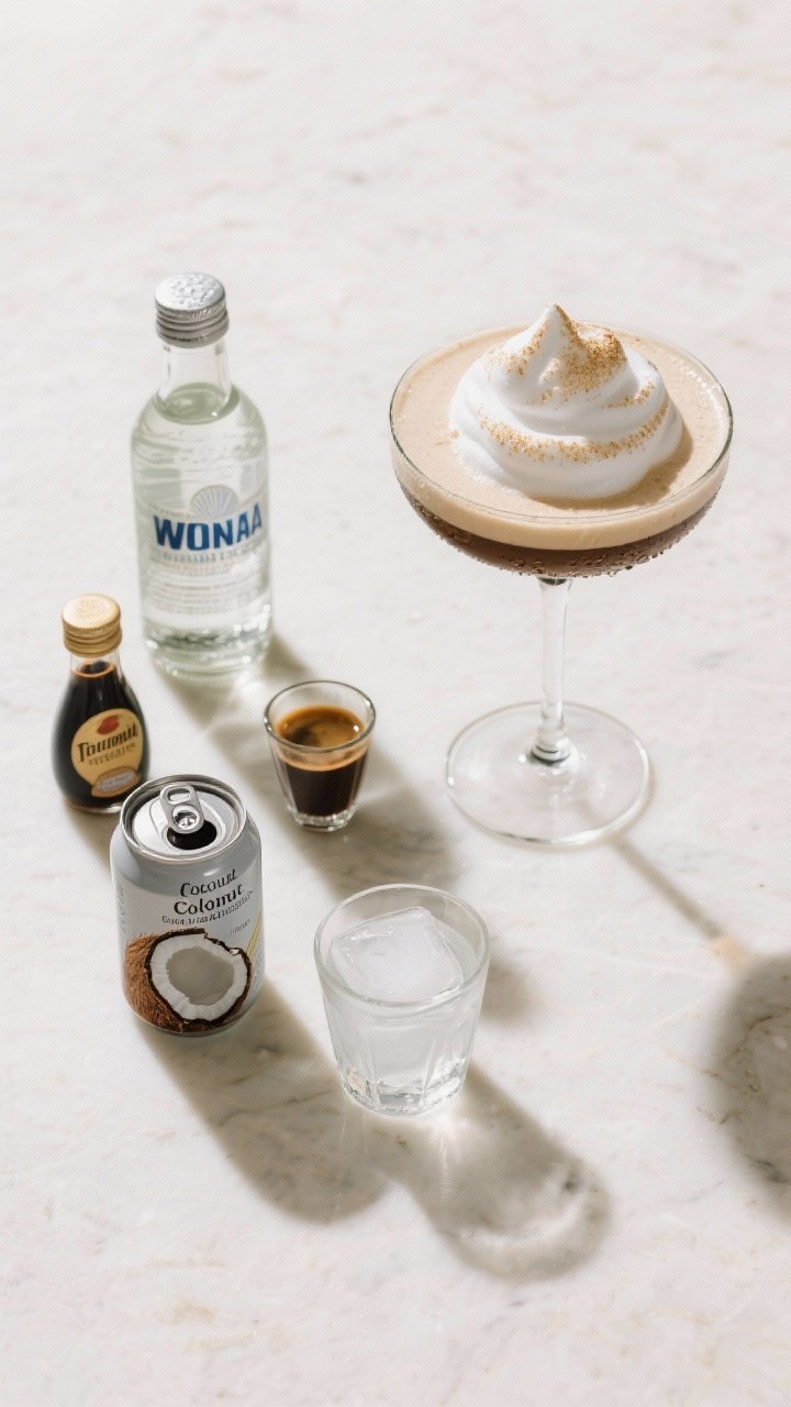 Overhead ingredient-to-final composite for Coconut Cold Foam Espresso Martini: flat lay with two elements—on the left, neatly arranged ingredients: vodka, coffee liqueur, a shot of cooled espresso, simple syrup, a can of full-fat coconut milk (well shaken), a small glass of coconut water, and ice; on the right, the finished martini in a coupe topped with a thick, pillowy coconut cold foam, a faint coconut shimmer, and micro condensation on the glass. Tropical but refined styling on light stone, cool daylight tones, clean lines, professional studio clarity.