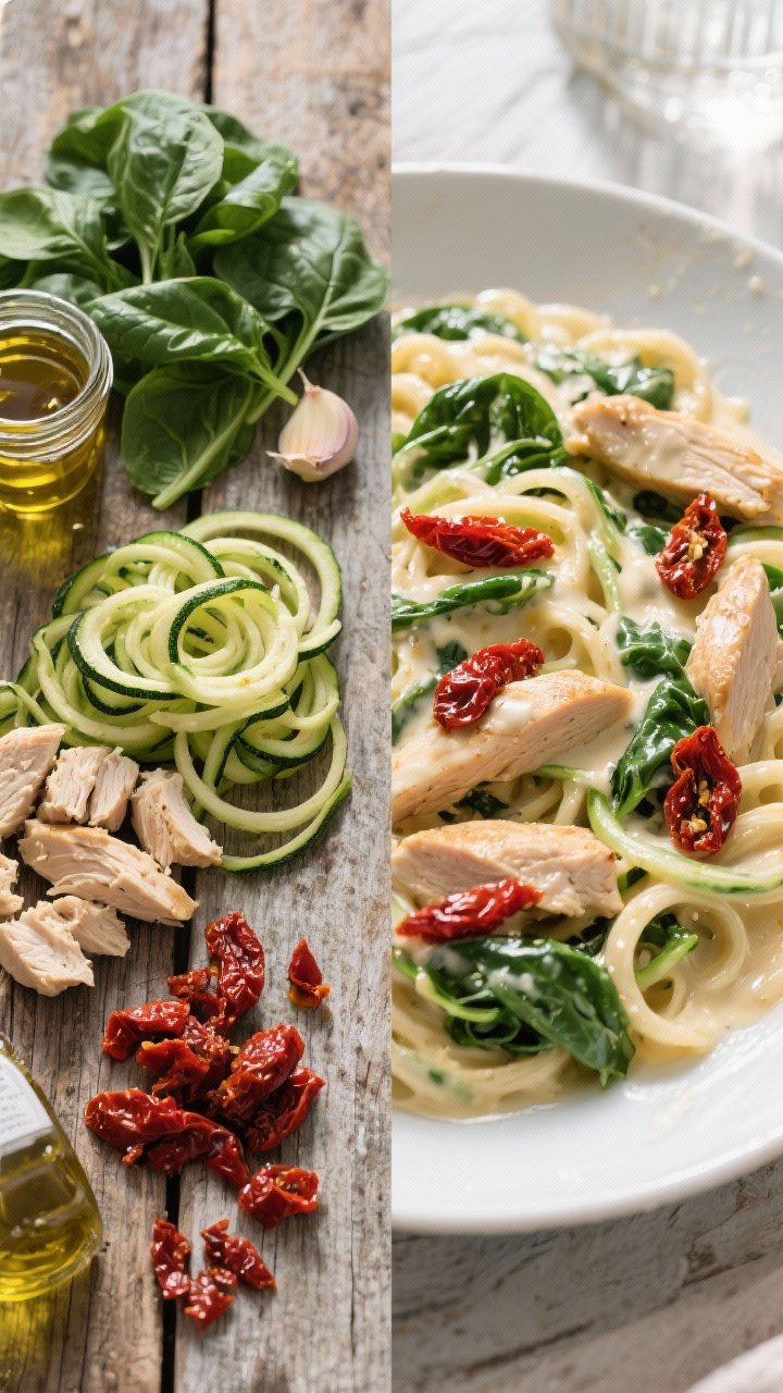 Overhead ingredient-to-final transition for Sun-Dried Tomato and Spinach Chicken Alfredo Zoodles: split frame styling on a rustic wood surface—left side shows neat clusters of spiralized zucchini, bite-size chicken pieces, chopped sun-dried tomatoes in oil, fresh spinach, garlic, olive oil from the jar; right side shows the finished dish: zoodles coated in creamy Alfredo studded with ruby sun-dried tomato bits and wilted spinach, tender chicken throughout, glossy from the tomato oil. Natural window light, clean props, emphasis on the red-green contrast and lush sauce texture.