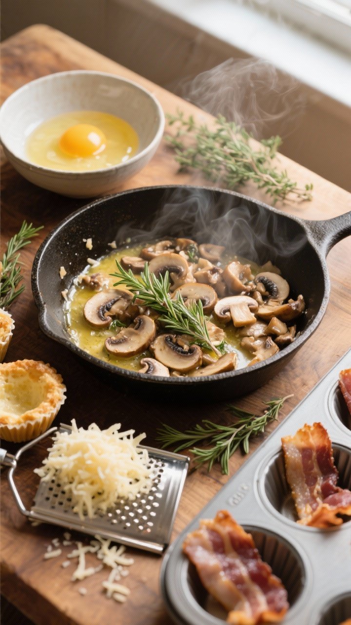 Overhead ingredient-to-pan process shot for Herbed Mushroom & Gruyère Brunch Cups: finely chopped cremini mushrooms sautéing in butter in a small skillet with fresh thyme leaves; nearby a grater with fluffy piles of grated Gruyère, a bowl of beaten eggs, and arranged bacon slices ready to line a muffin tin; thyme sprigs scattered for aroma cue; warm, cozy brunch vibe with wooden work surface, steam visible from mushrooms, natural window light.