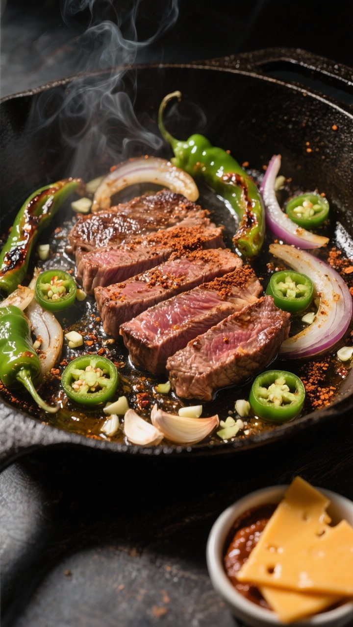 Overhead ingredient-to-skillet action shot for the chipotle jalapeño version: thin shavings of sirloin or top round searing in avocado oil with a smoky chipotle rub, thinly sliced onion, strips of poblano, and seeded jalapeño rounds scattered across the pan; minced garlic just added, lightly sizzling; a small bowl of chipotle purée on the side, pepper jack slices ready to melt nearby; dramatic directional light to capture steam, charred bits, and glossy peppers for a spicy, energetic feel.