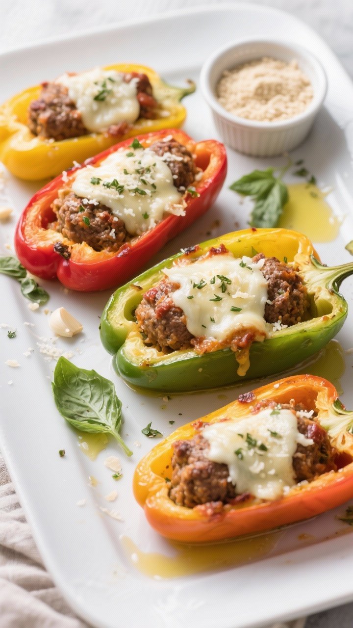 Overhead plated presentation: Colorful bell pepper “boats” (red, yellow, green) halved lengthwise and roasted until tender, stuffed with a juicy chicken-or-beef meatball parm mixture, topped with melted mozzarella and grated Parmesan, speckled with dried Italian herbs and minced garlic. Set on a white platter with a drizzle of olive oil, scattered basil, and a ramekin of almond flour to signal the low-carb binder; vibrant, family-style serving with crisp edges and gooey centers.