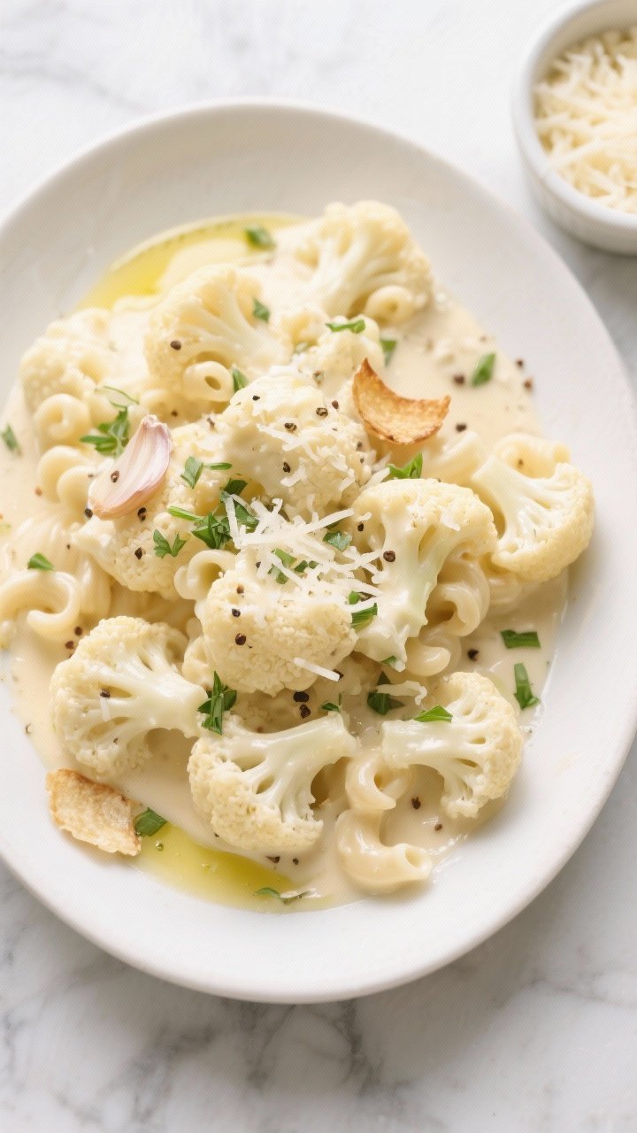 Overhead plated presentation of Garlicky Alfredo “Mac” with Herb Butter Drizzle: small cauliflower florets cloaked in a silky alfredo made from butter, minced garlic, heavy cream, and cream cheese, finished with finely grated hard cheese and a warm herb butter drizzle (parsley and chives). Serve in a shallow off-white bowl; sauce glossy and clinging to florets, micro-herbs sprinkled, cracked pepper and a few garlic chips for texture. Light, bright aesthetic on a marble surface with a small ramekin of grated cheese nearby.